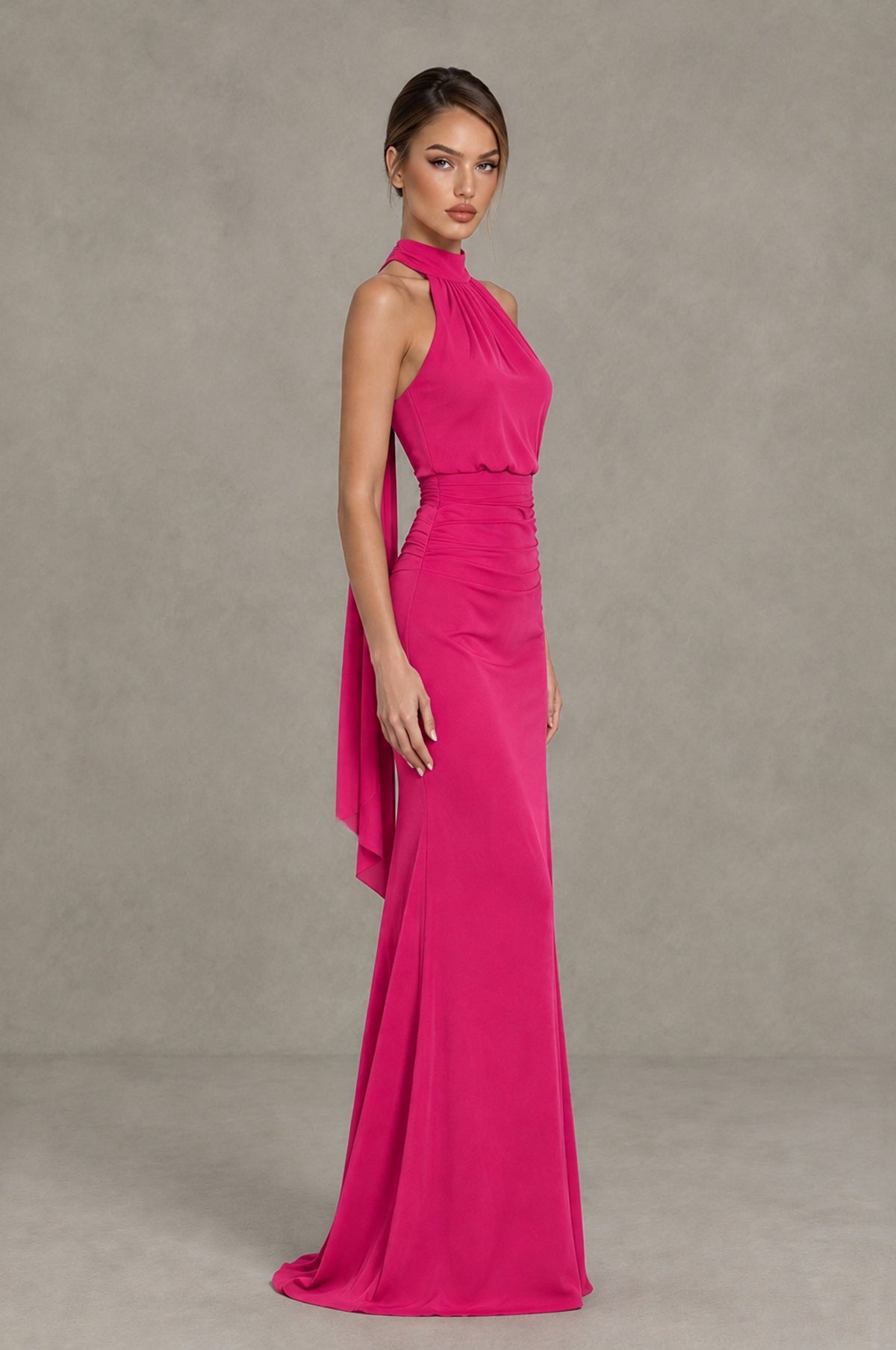 BOLODOO Hot Pink Chiffon Halter Maxi Formal Wedding Guest Dress - Hot Pink - Hot Pink_3