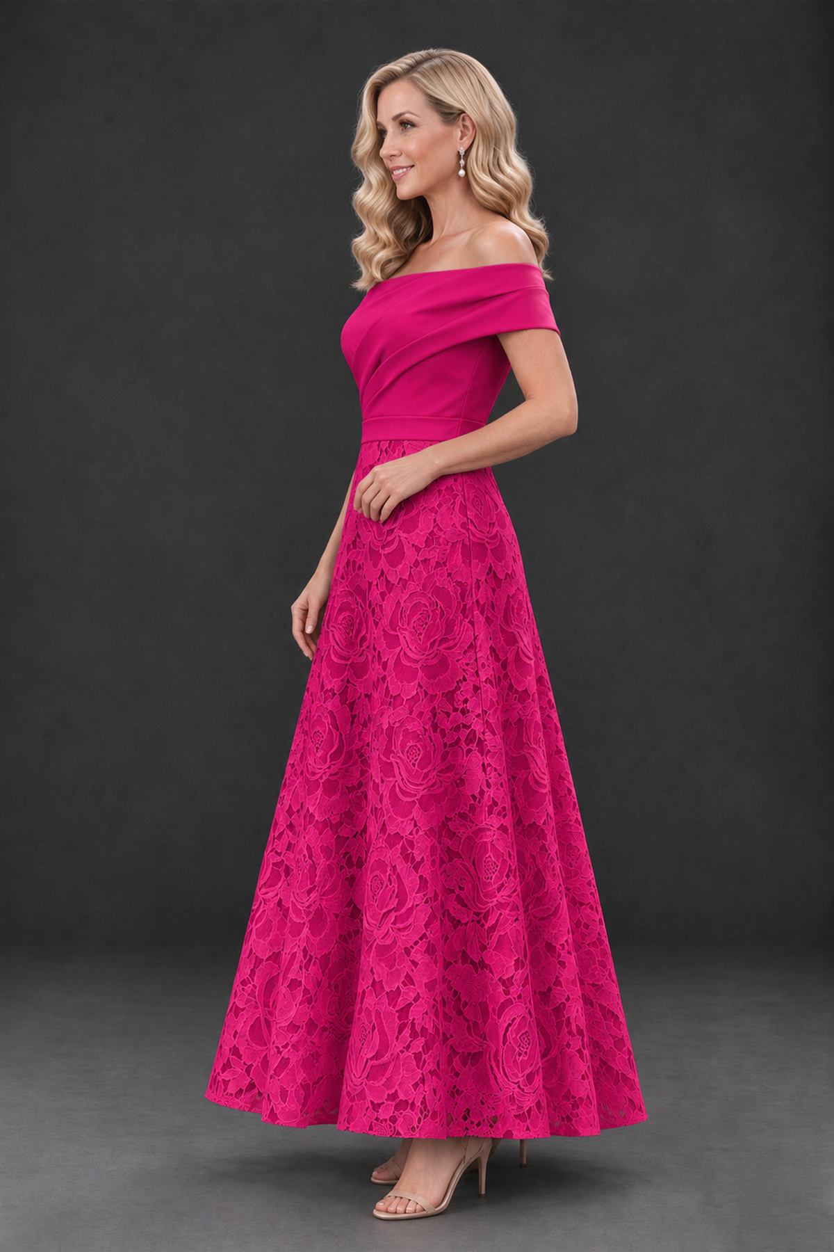 BOLODOO Hot Pink Off-the-Shoulder Floral A-Line Mother of the Bride Dress - Hot Pink - Hot Pink_3