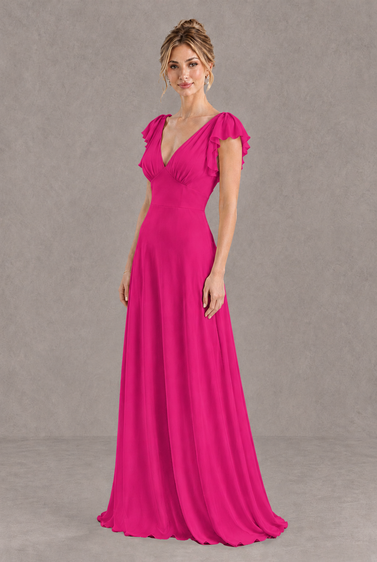BOLODOO Hot Pink V-Neck Flutter Sleeve A-Line Bridesmaid Dress - Hot Pink - Hot Pink_3