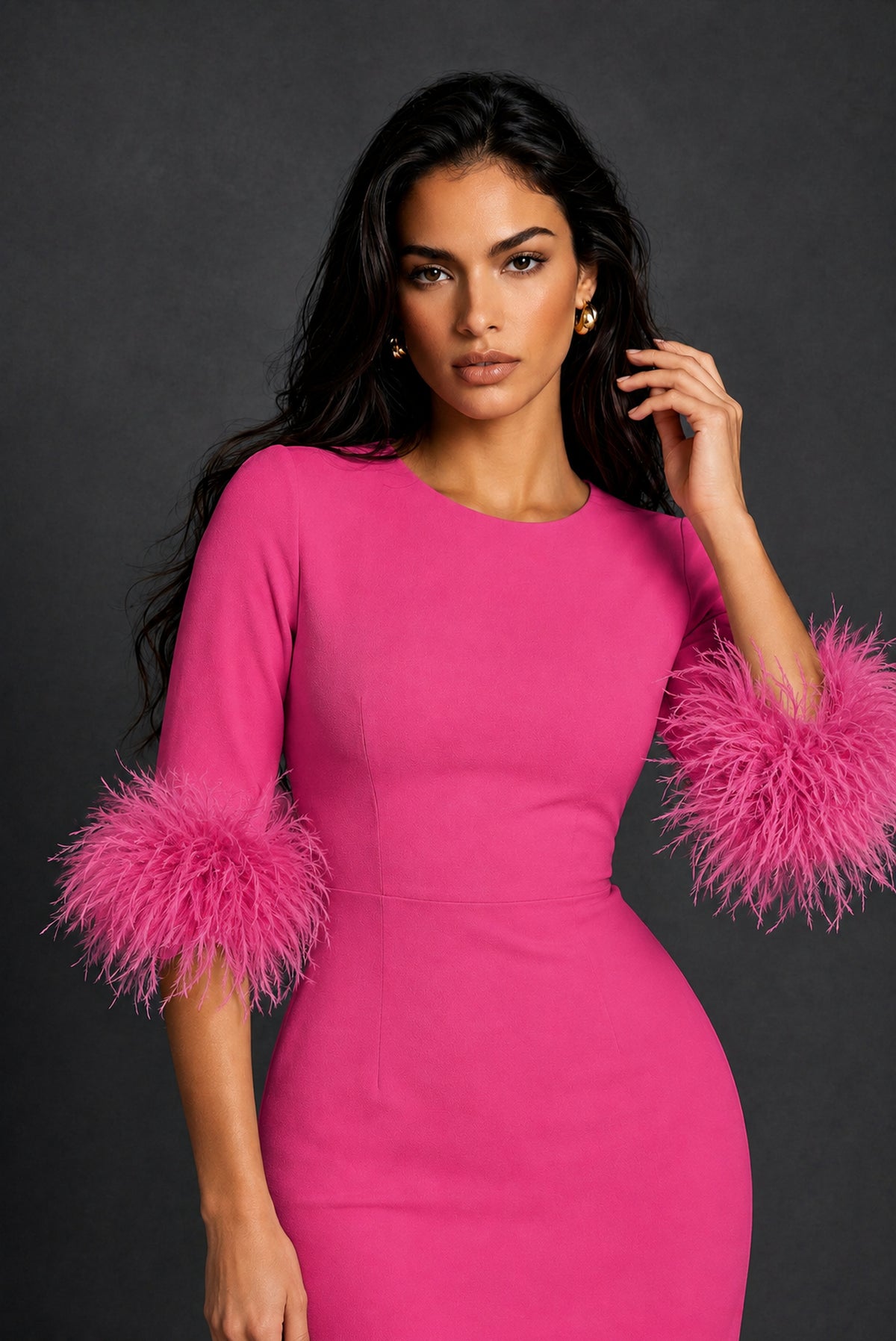BOLODOO Hot Pink Ostrich Feather Cuff 3/4 Sleeve Round Neck Bodycon Midi Dress with Back Slit - Hot Pink