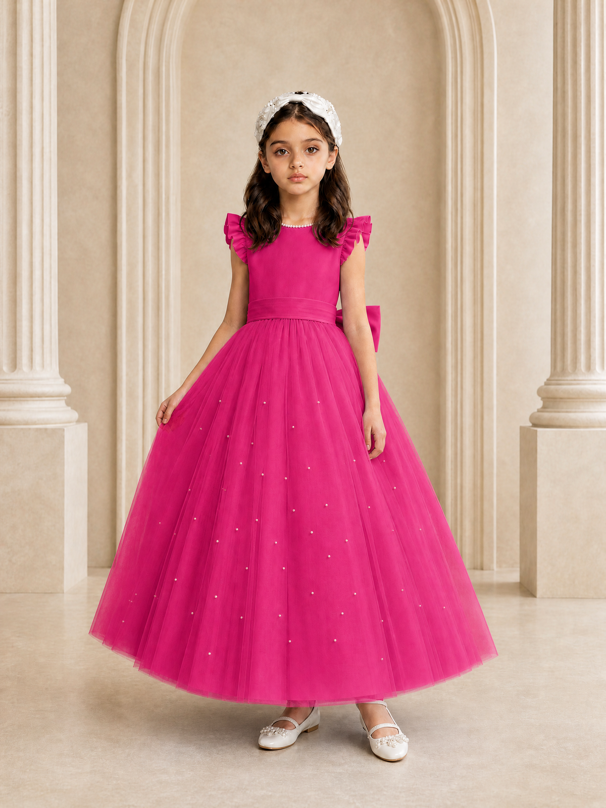 BOLODOO Hot Pink Tulle Flower Girl Dress with Ruffle Sleeves & Bow Back - Hot Pink - Hot_Pink_3