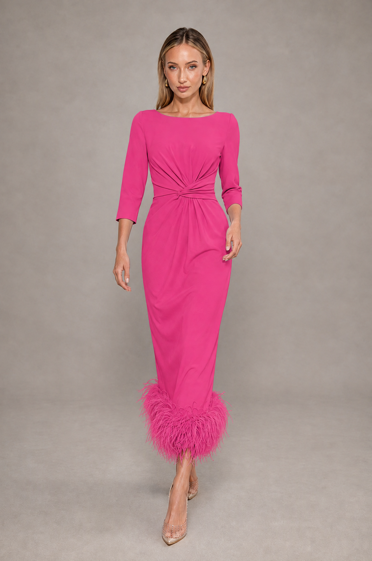 BOLODOO Hot Pink Feather-Trim Twist-Waist Midi Dress - Hot Pink - Hot_Pink_3