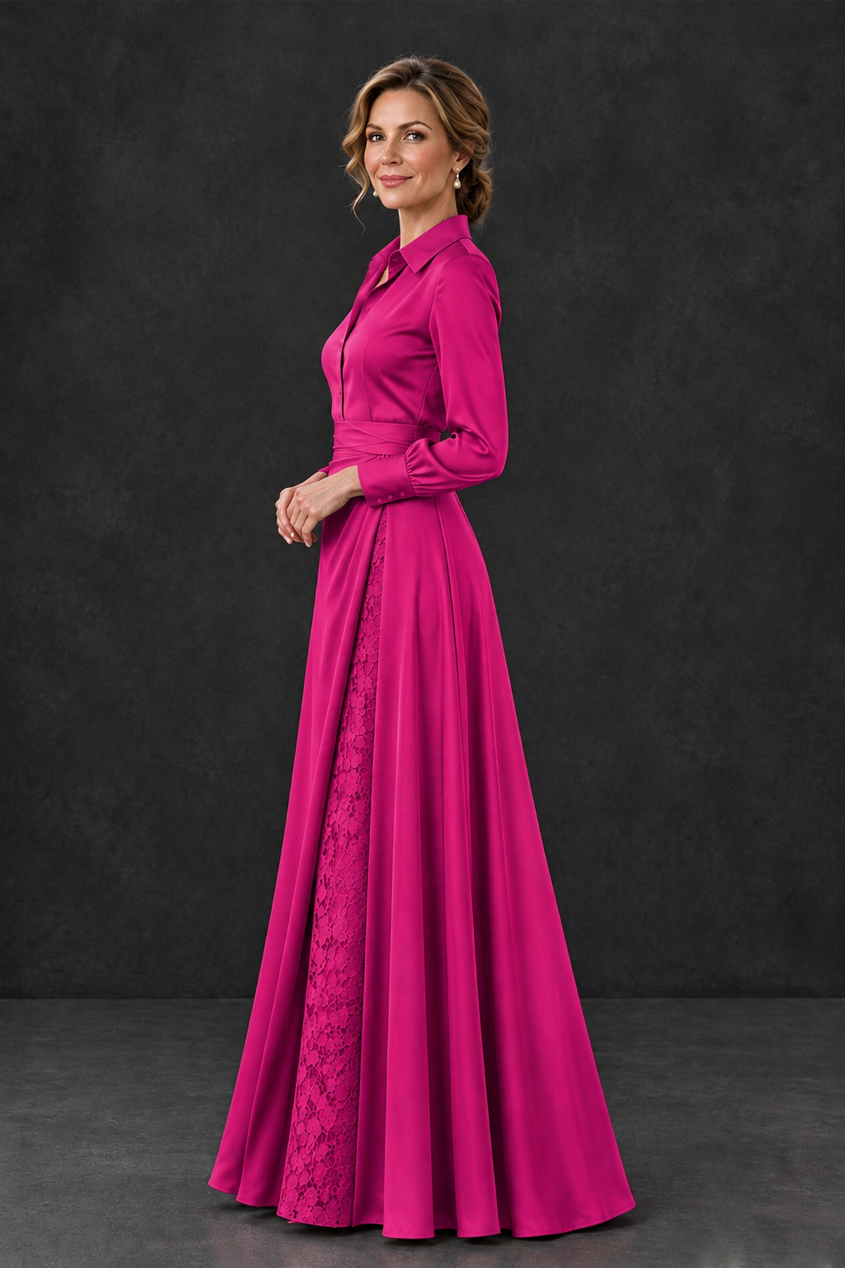 BOLODOO Hot Pink Long Sleeve Satin-Look Lace Panel Gown - Hot Pink - Hot Pink_3