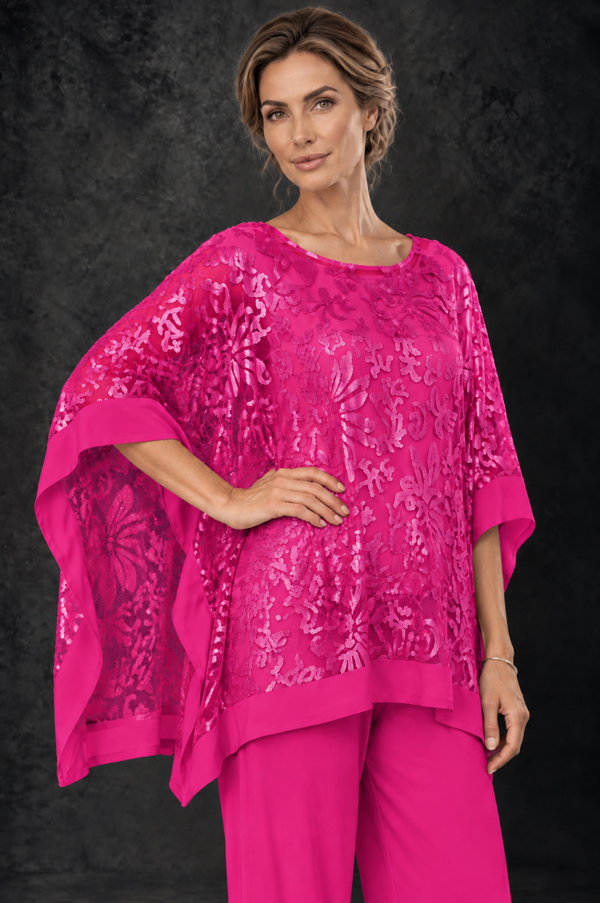 BOLODOO Hot Pink Floral Cape Mother of the Bride Pant Suit - Hot Pink - Hot_Pink_3