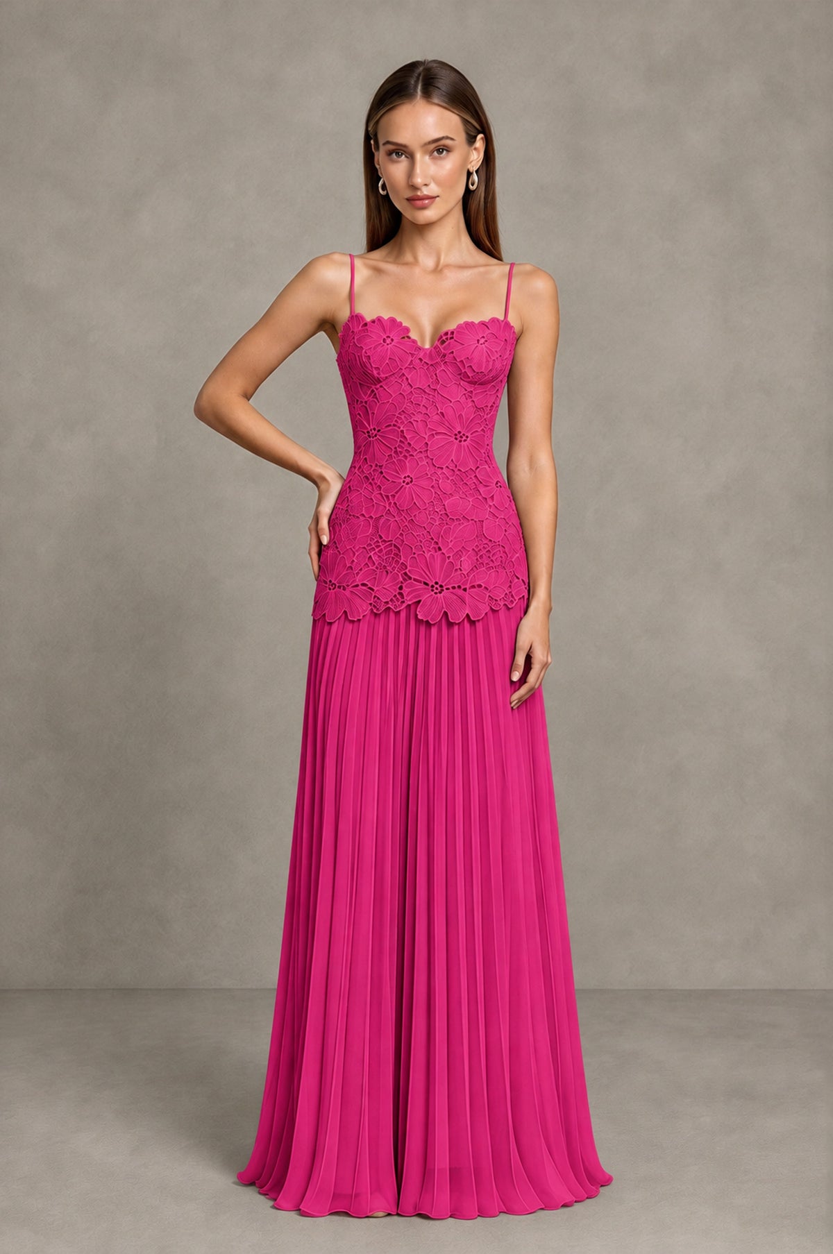 BOLODOO Hot Pink Lace Bodice Pleated Wedding Guest Dress - Hot Pink - Hot Pink_3