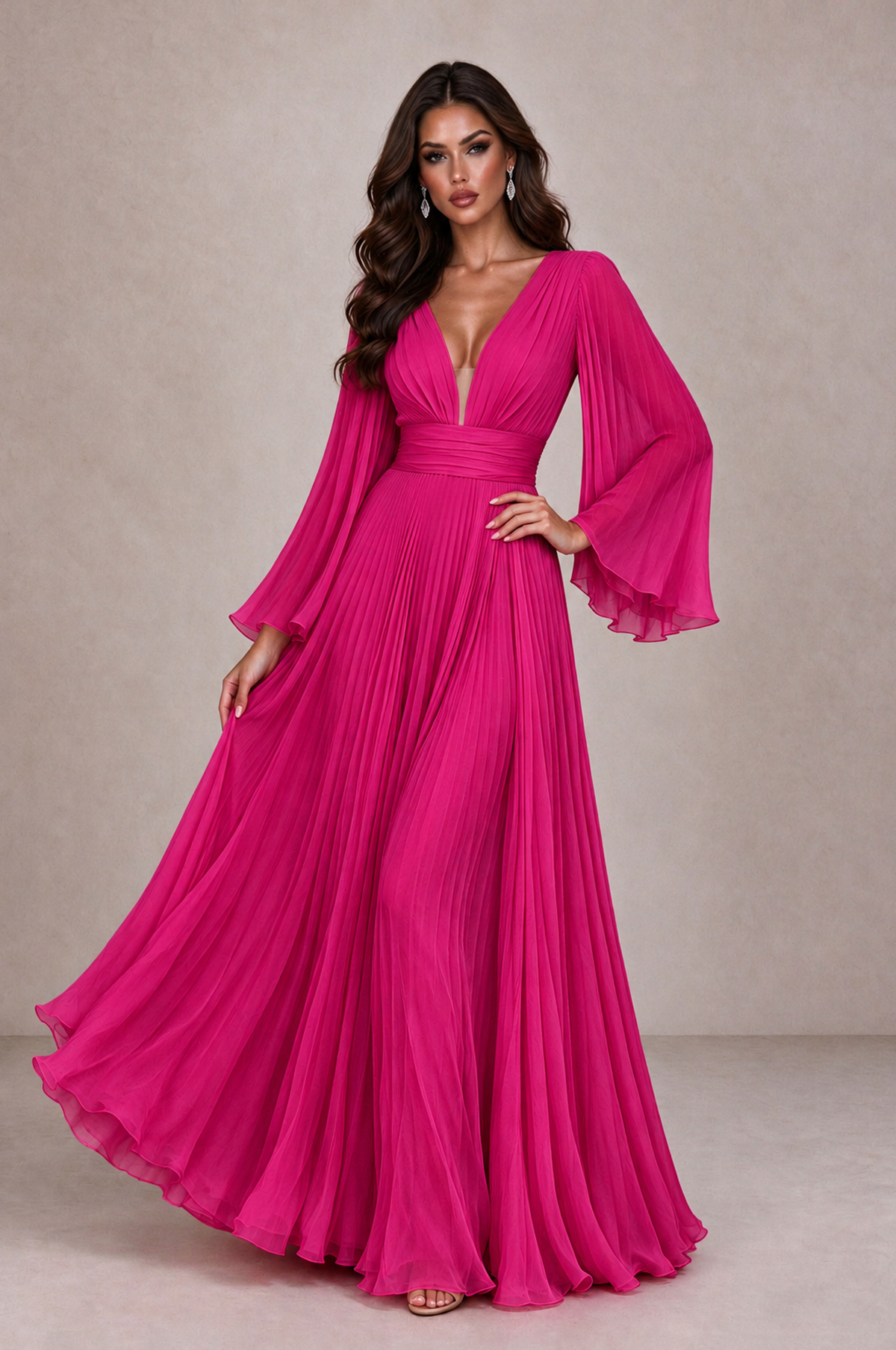 BOLODOO Hot Pink Pleated Deep V-Neck Long Bell Sleeve Evening Dress - Hot Pink - Hot_Pink_3