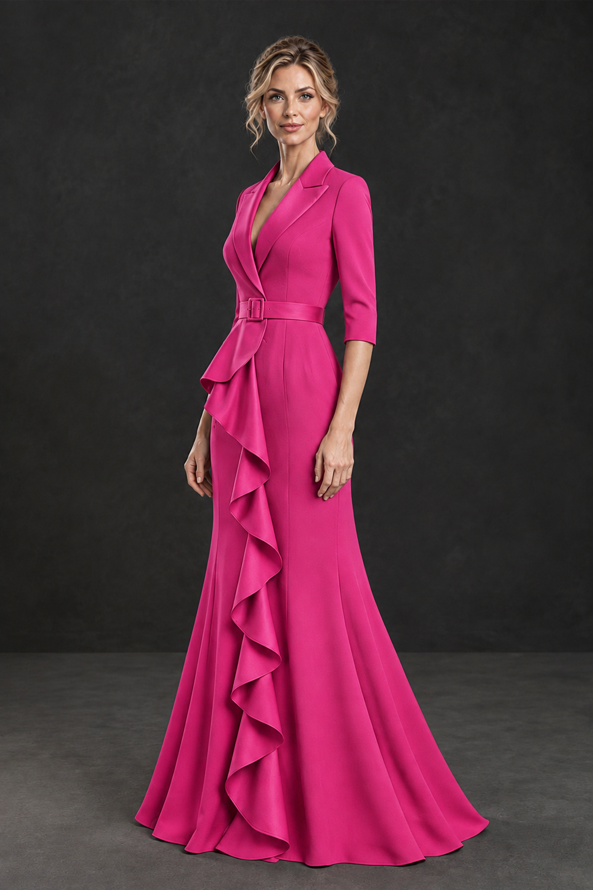 BOLODOO Hot Pink Lapel Ruffle Mother of the Bride Dress with Belt - Hot Pink - Hot Pink_3