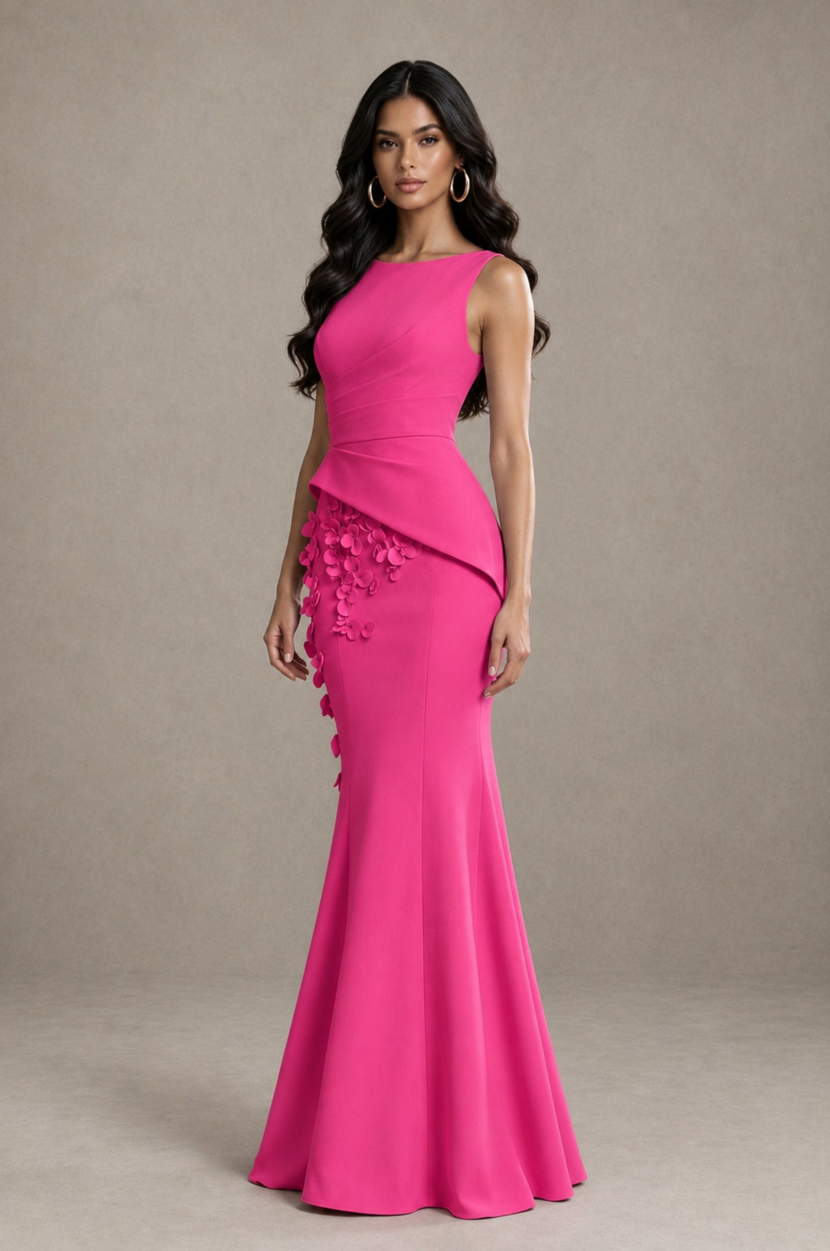 BOLODOO Hot Pink Bateau Neck Sleeveless Asymmetric Peplum 3D Petal Appliqué Mermaid Gown BD0421 - Hot Pink - Hot Pink_3