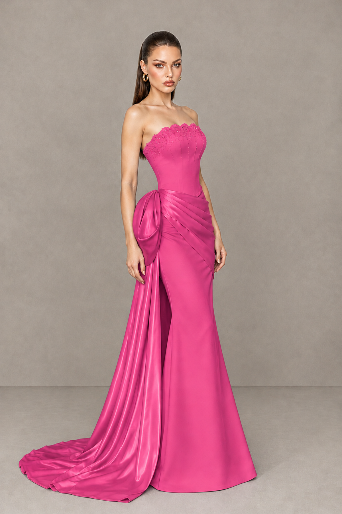 BOLODOO Hot Pink Strapless Satin Prom Dress with Draped Side Train - Hot Pink - Hot_Pink_3