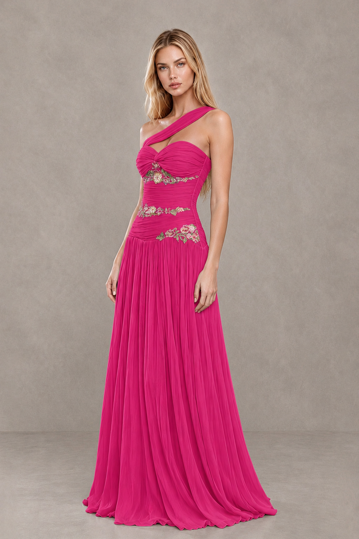 BOLODOO Hot Pink One-Shoulder Floral Applique A-Line Evening Dress - Hot Pink - Hot Pink_3