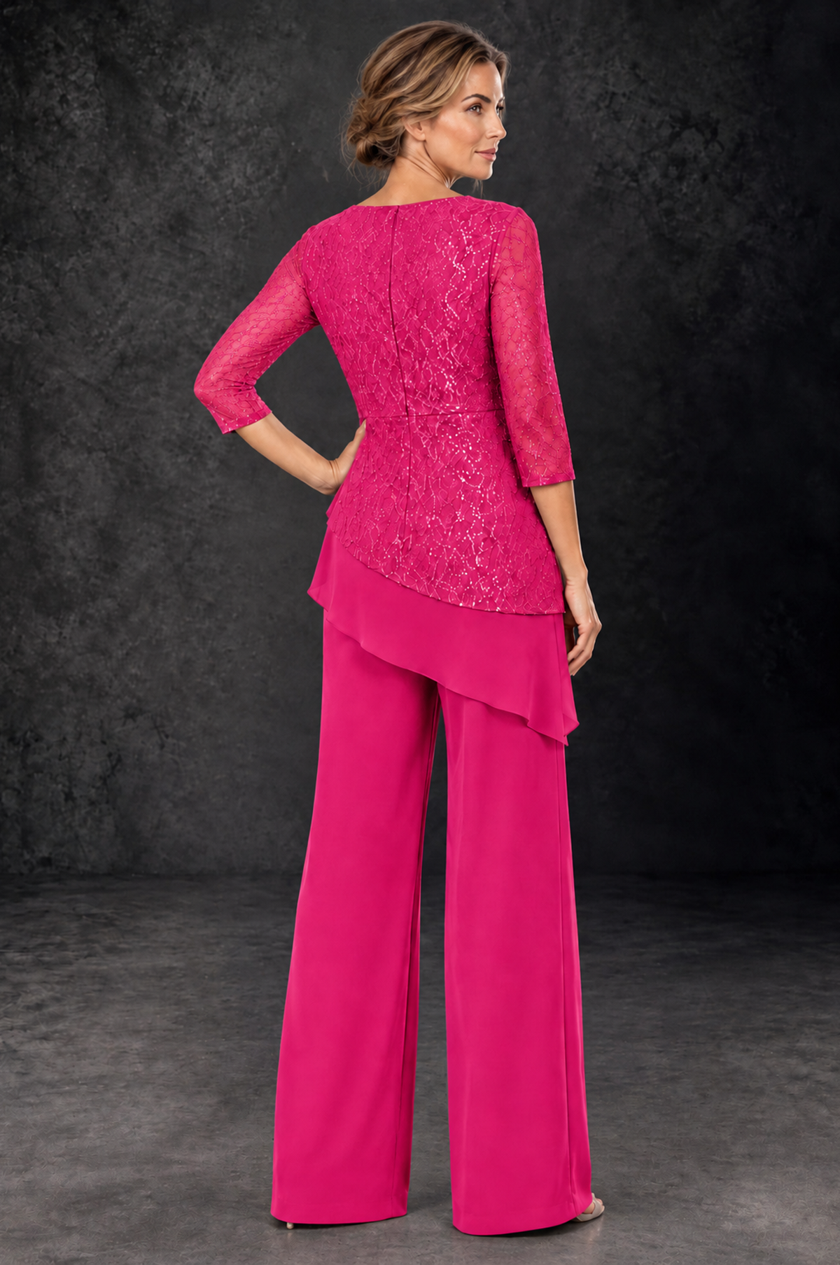 BOLODOO Hot Pink Sequin Lace 3/4 Sleeve Chiffon Mother of the Bride Pant Suit - Hot Pink - Hot_Pink_3