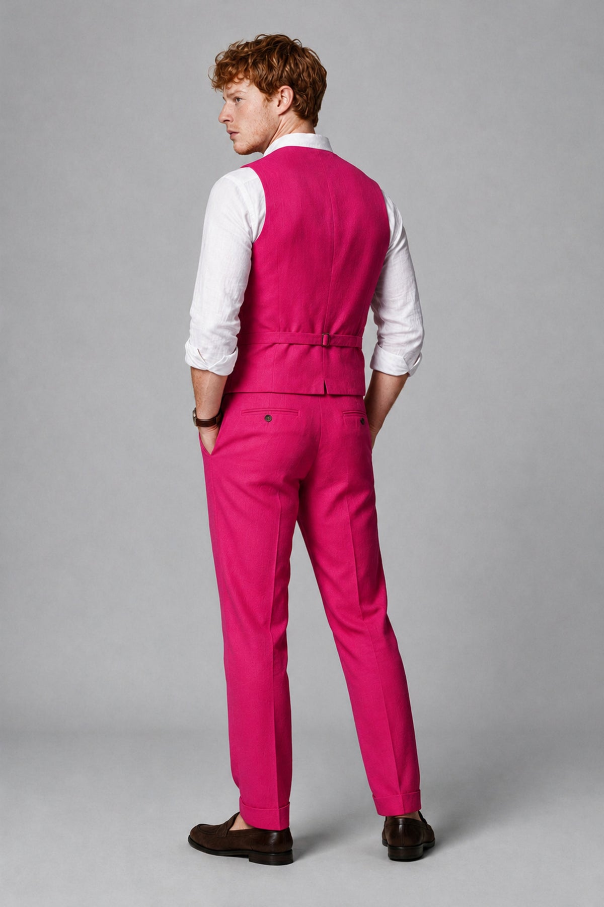 Bolodoo Men's Hot Pink 2-Piece Vest and Pants Set with V-Neck Waistcoat - Hot Pink - Hot Pink_3