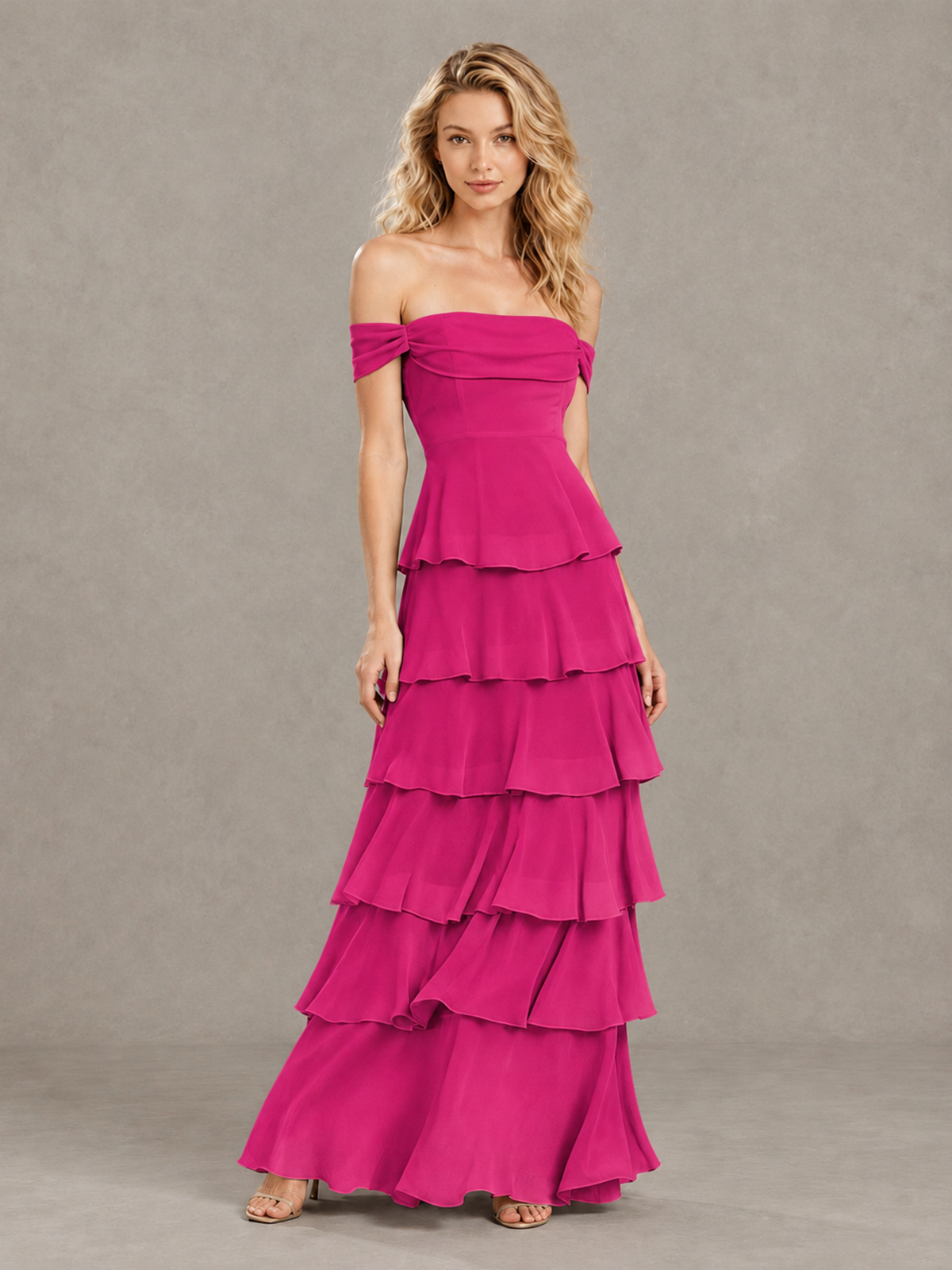 BOLODOO Hot Pink Off-Shoulder Tiered Ruffle Bridesmaid Dress with Lace-Up Back - Hot Pink - Hot Pink_3