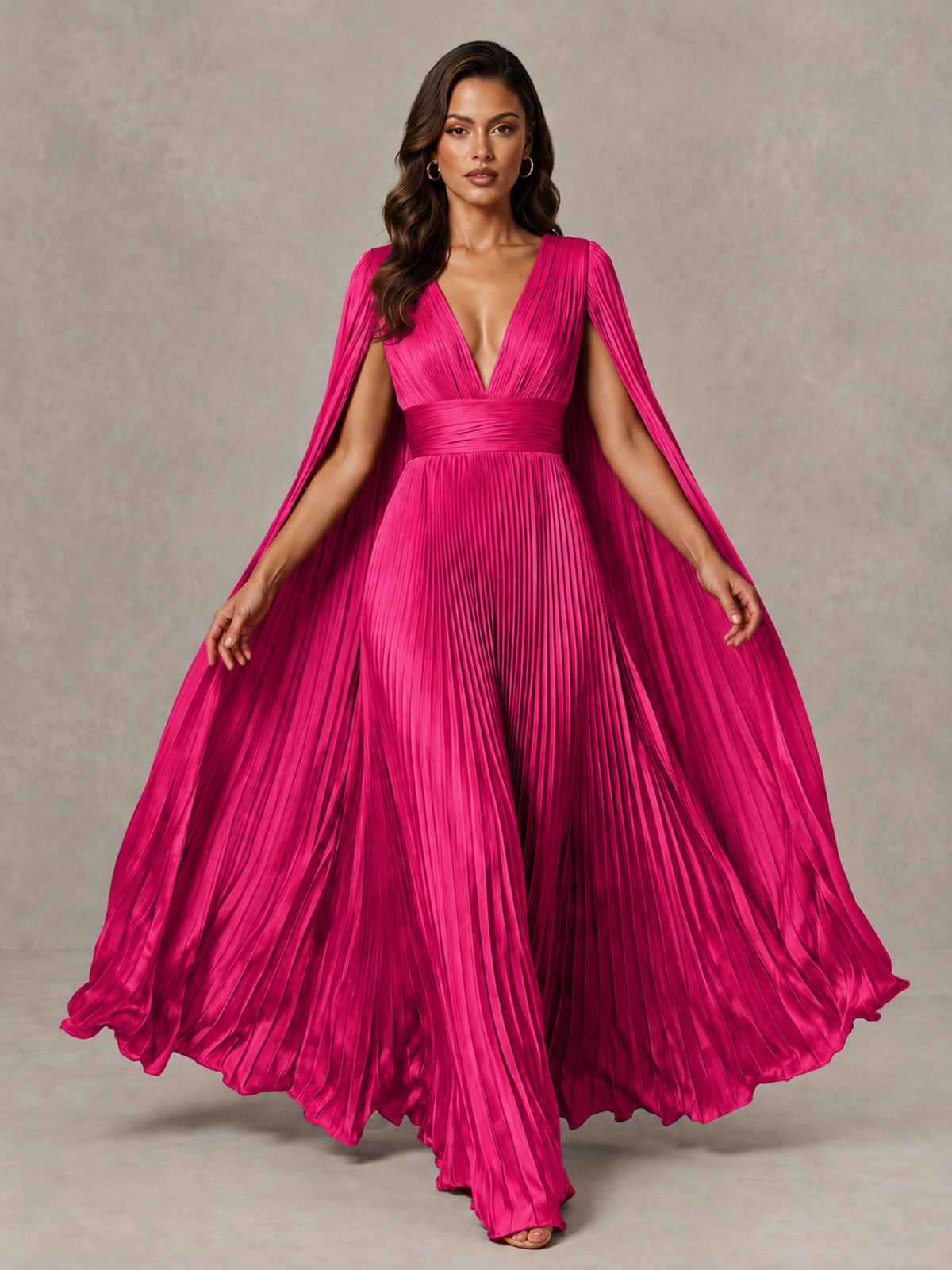 BOLODOO Hot Pink Deep V-Neck Pleated Cape Sleeve Evening Gown - Hot Pink - Hot Pink_3
