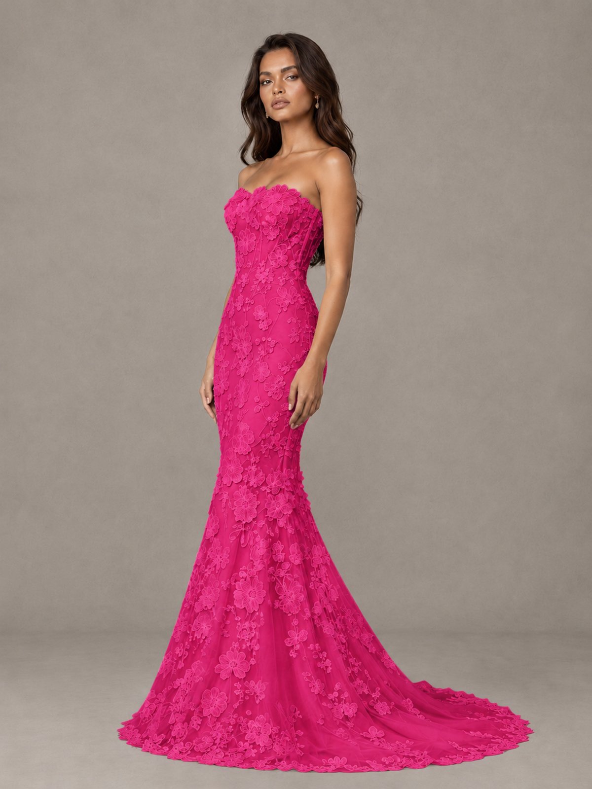 BOLODOO Hot Pink Strapless 3D Floral Lace Mermaid Prom Dress with Train - Hot Pink - Hot Pink_3