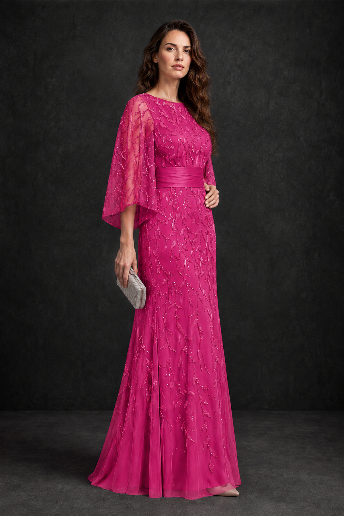 BOLODOO Hot Pink Bateau Neck Bell Sleeve Sequin Embroidered Satin Waist A-Line Maxi Dress - Hot Pink - Hot_Pink_3