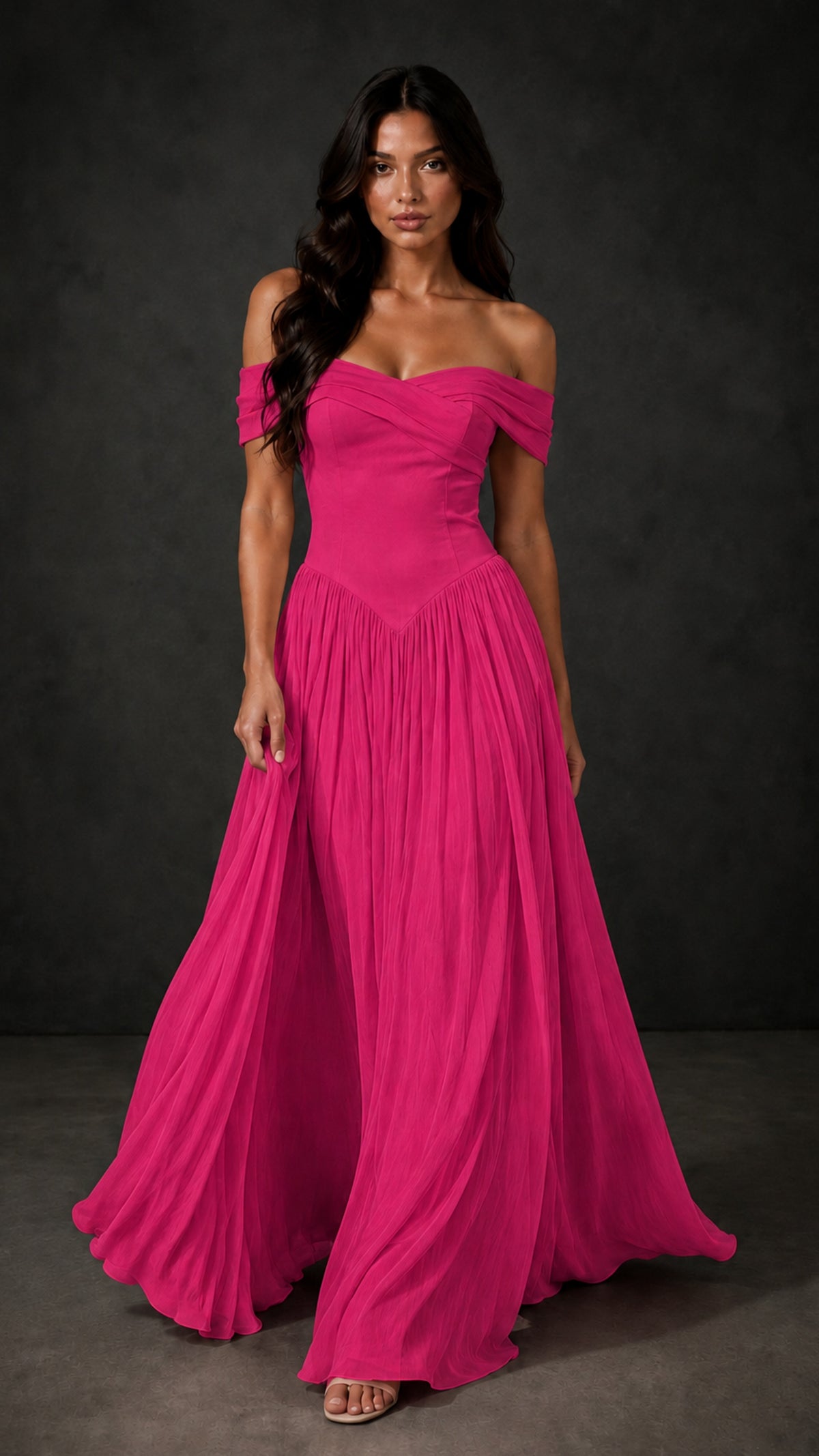 BOLODOO Hot Pink Off-Shoulder Sweetheart Corset Pleated Chiffon Maxi Dress - Hot Pink