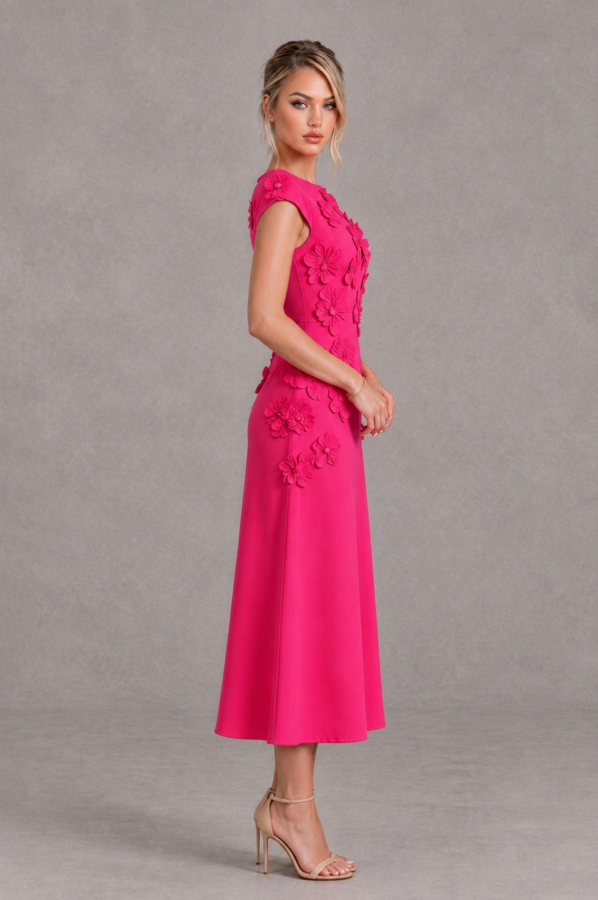BOLODOO Hot Pink 3D Floral Cap Sleeve Midi Cocktail Dress - Hot Pink - Hot Pink_3