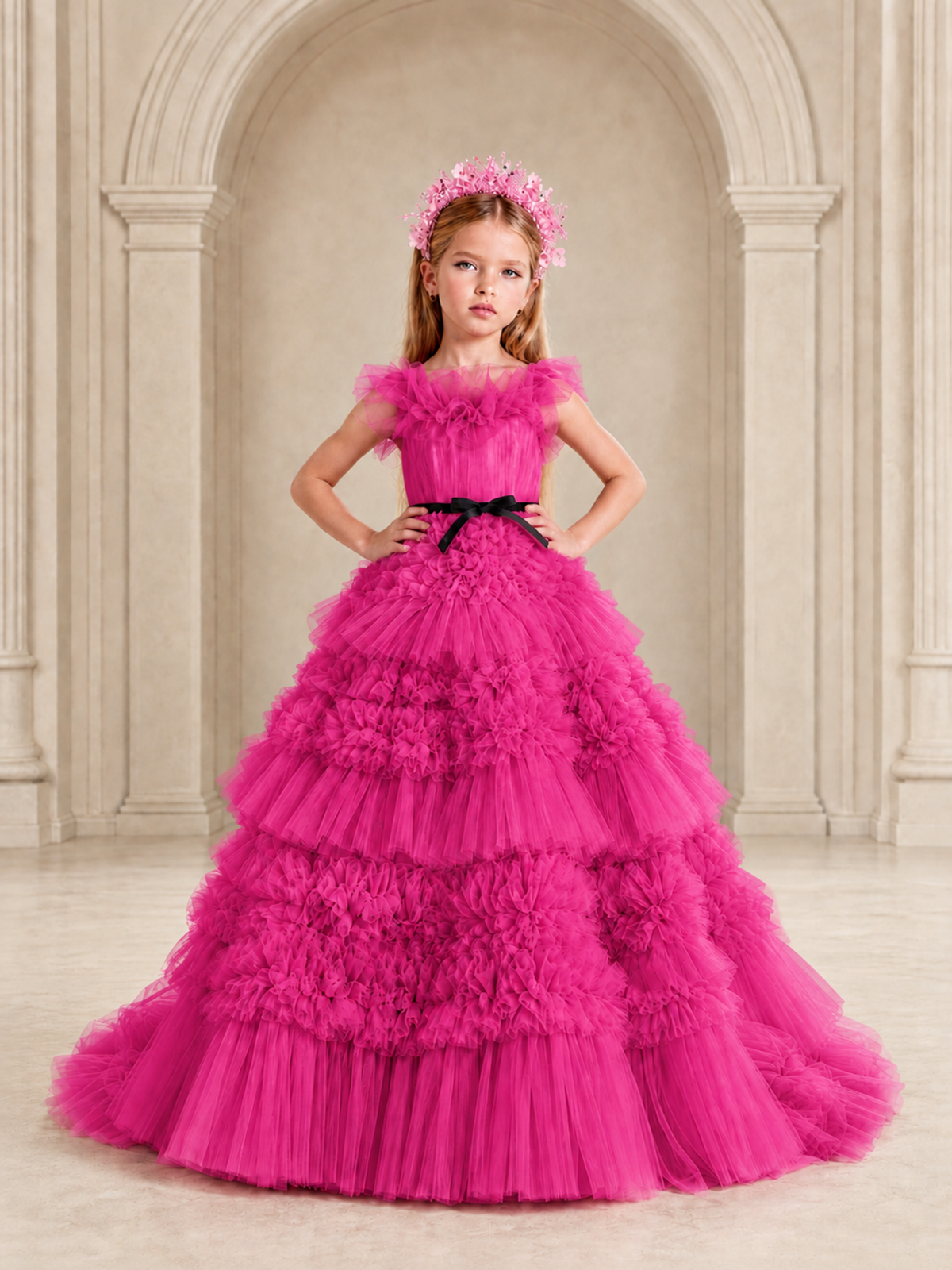 BOLODOO Hot Pink Tiered Tulle Flower Girl Dress with Floral Appliques - Hot Pink - Hot Pink_3