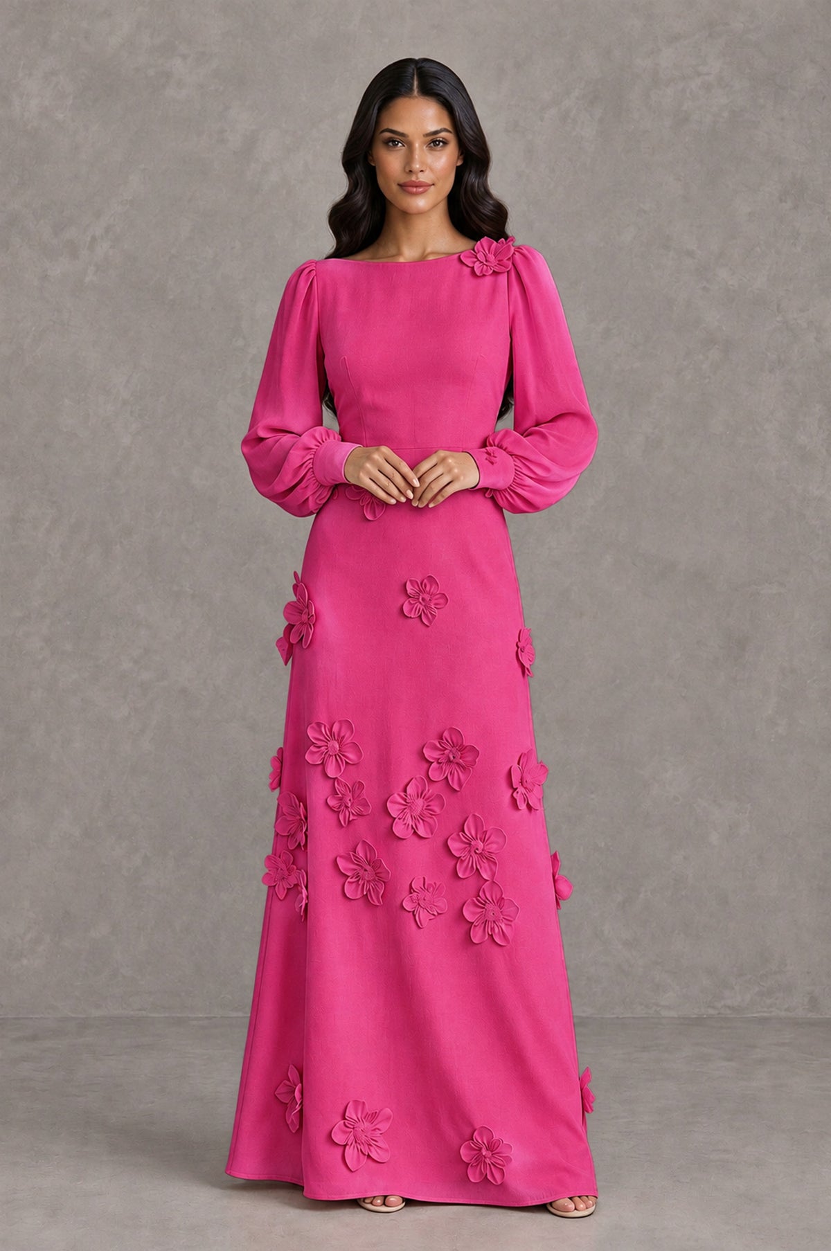BOLODOO Hot Pink Long Sleeve Floral Applique A-Line Evening Dress - Hot Pink - Hot Pink_3