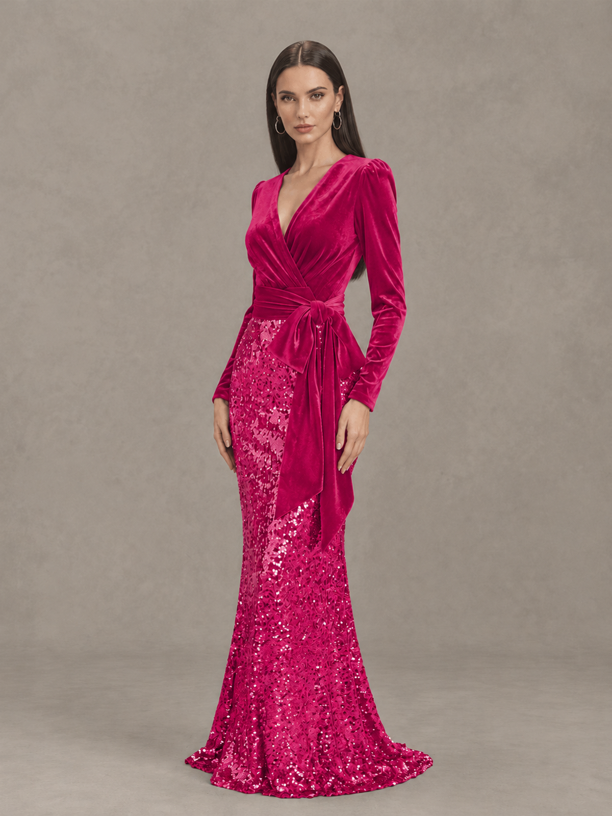 BOLODOO Hot Pink Velvet & Sequin Long Sleeve V-Neck Mermaid Evening Gown - Hot Pink - Hot Pink_3