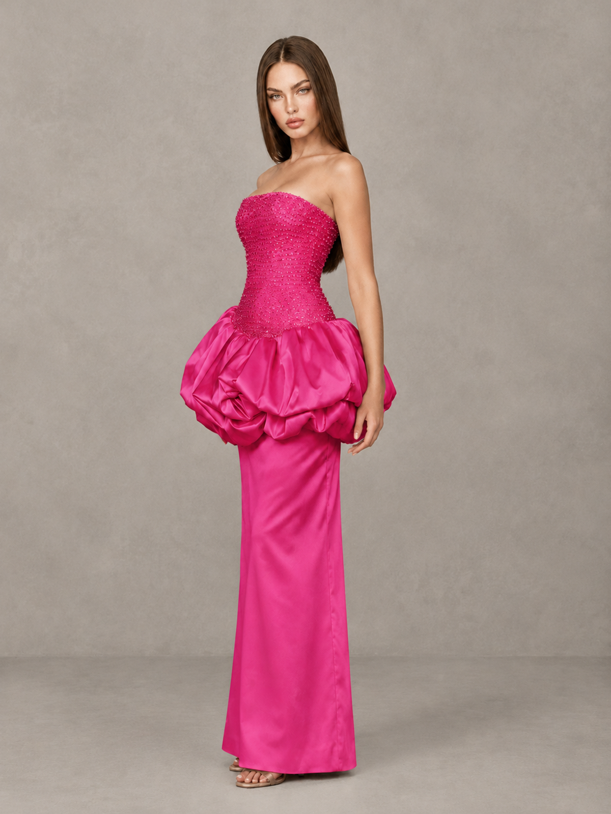 BOLODOO Hot Pink Strapless Embellished Bubble Peplum Evening Dress - Hot Pink - Hot Pink_3