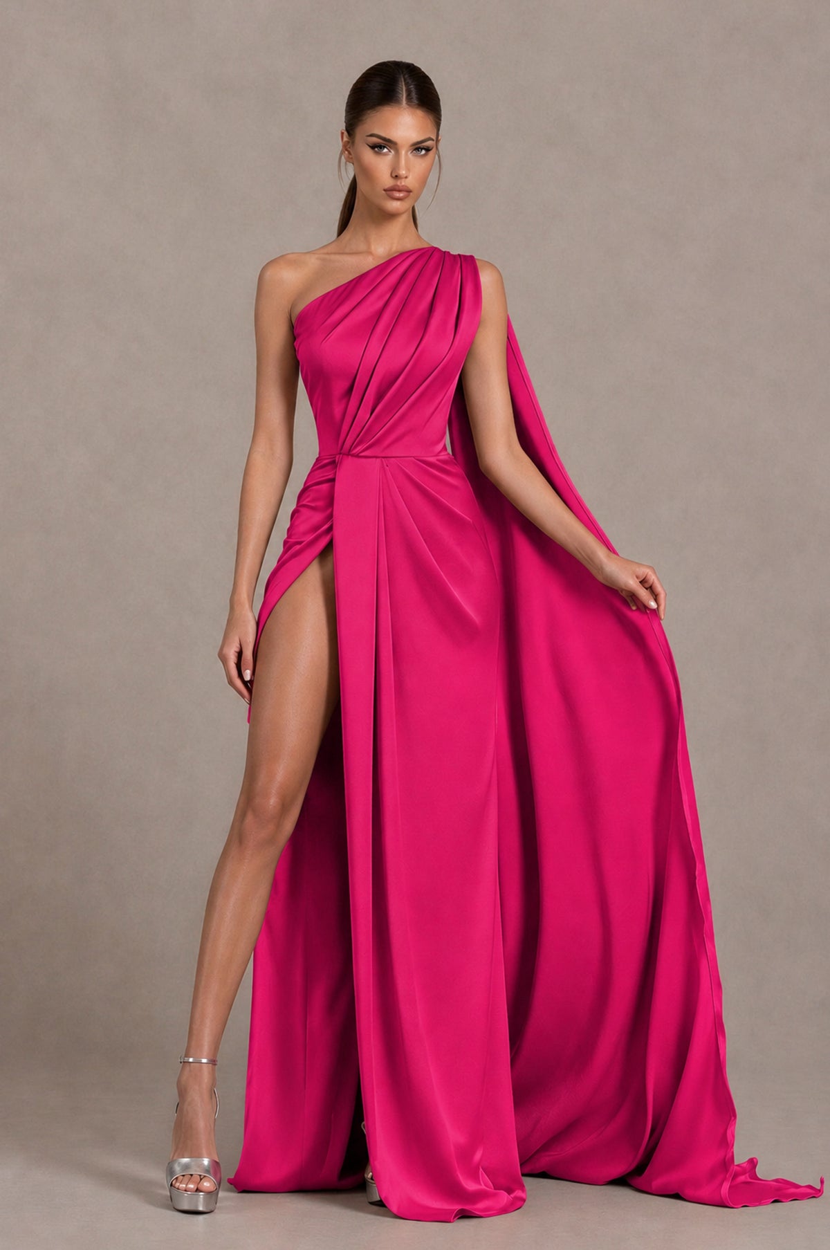 BOLODOO Hot Pink One Shoulder Satin Evening Dress with High Slit and Draped Cape Train - Hot Pink - Hot Pink_3