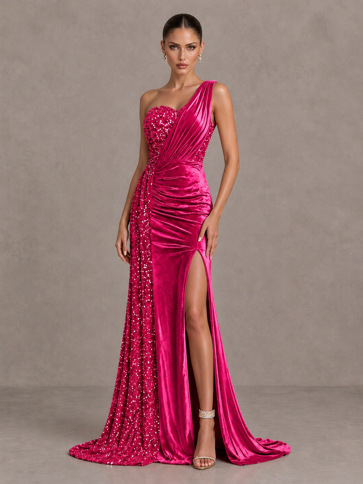 BOLODOO Hot Pink One-Shoulder Satin Sequin Gown with High Slit - Hot Pink - Hot Pink_3