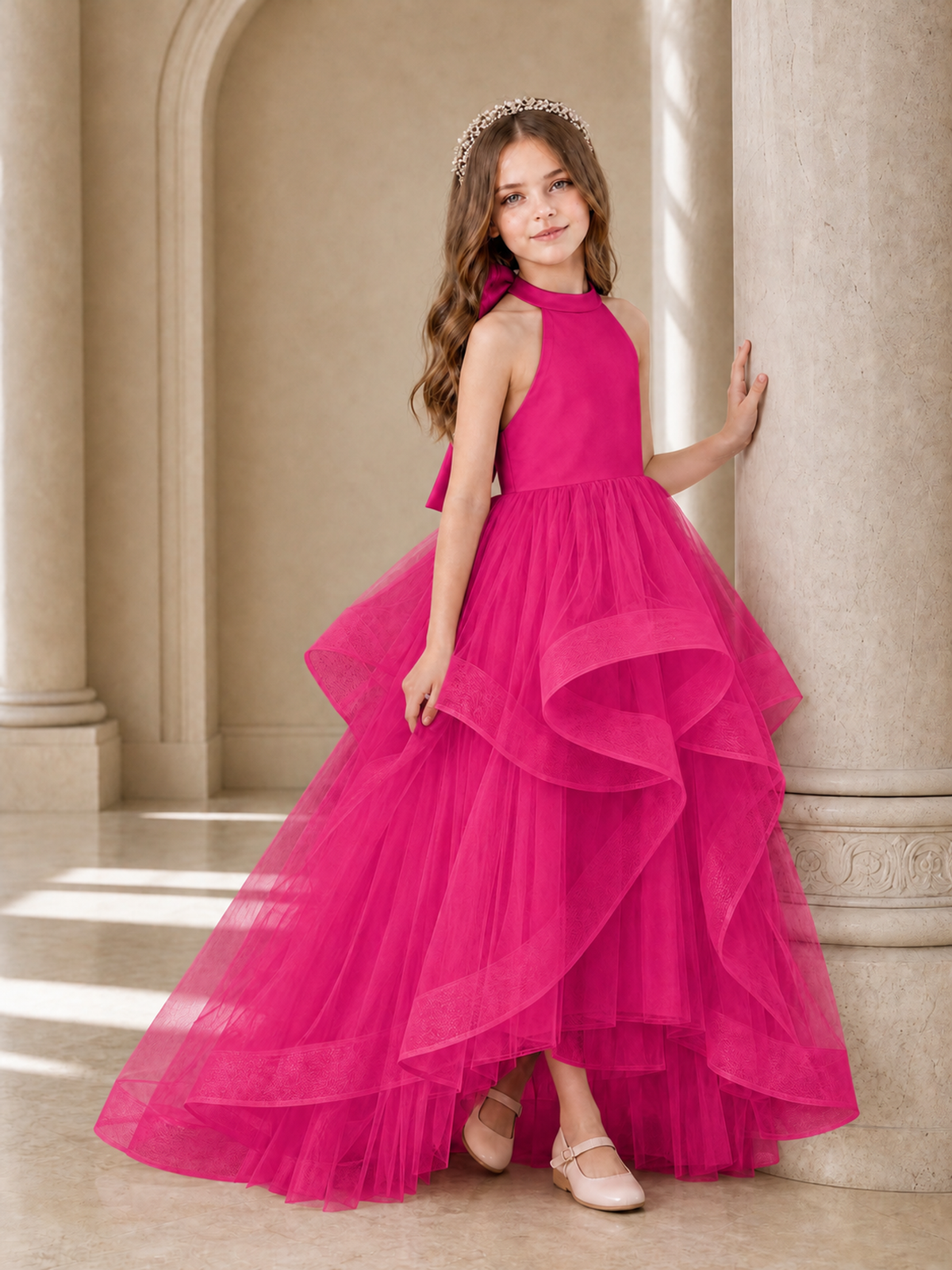 BOLODOO Hot Pink Halter Tiered Tulle Flower Girl Dress with Bow Back - Hot Pink - Hot Pink_3