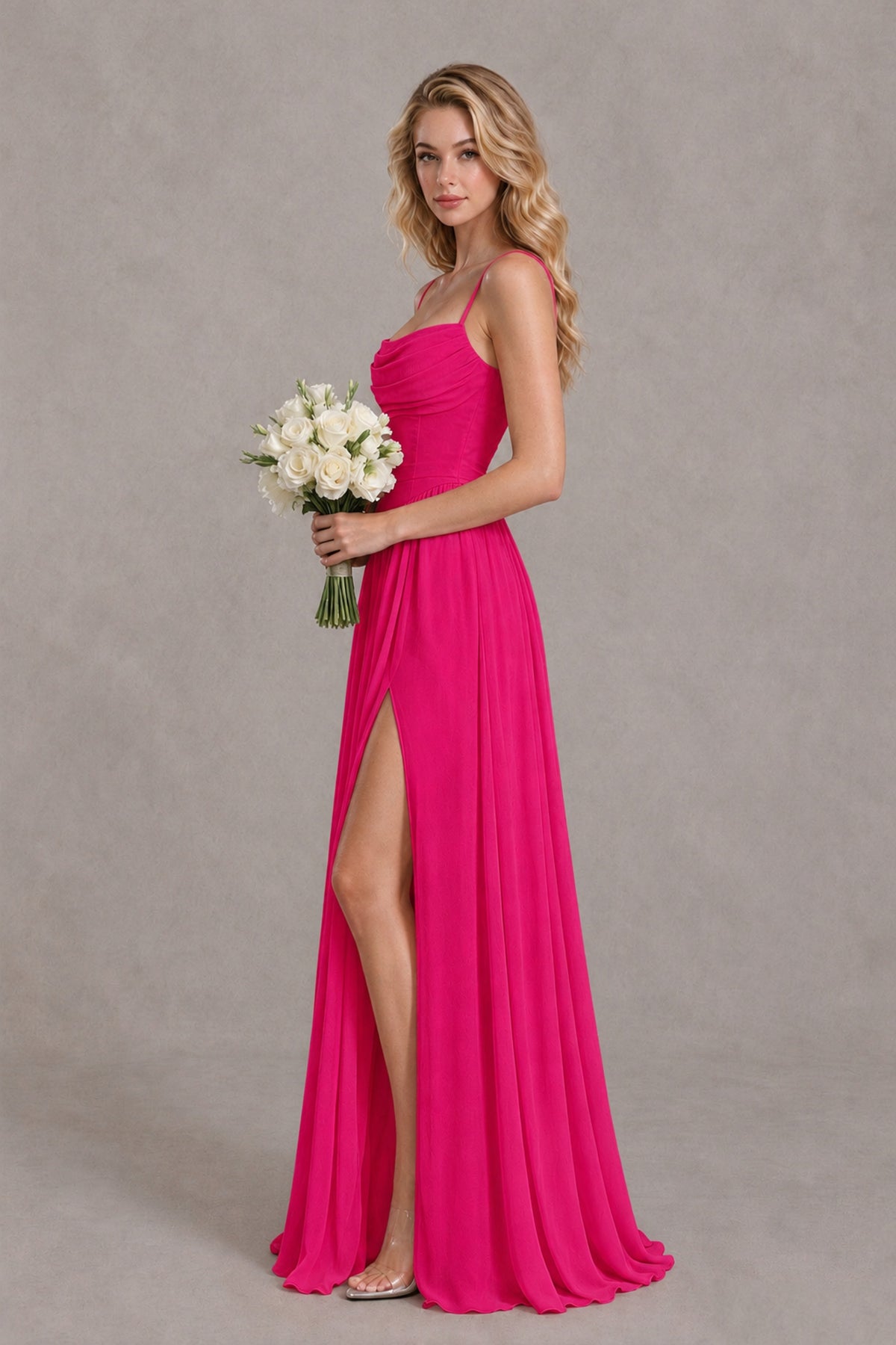 BOLODOO Hot Pink Spaghetti Strap A-Line Bridesmaid Dress with Slit - Hot Pink - Hot Pink_3