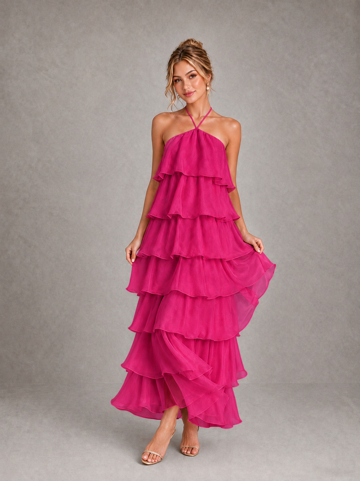 BOLODOO Hot Pink Halter Tiered Ruffle Maxi Bridesmaid Dress - Hot Pink - Hot Pink_3