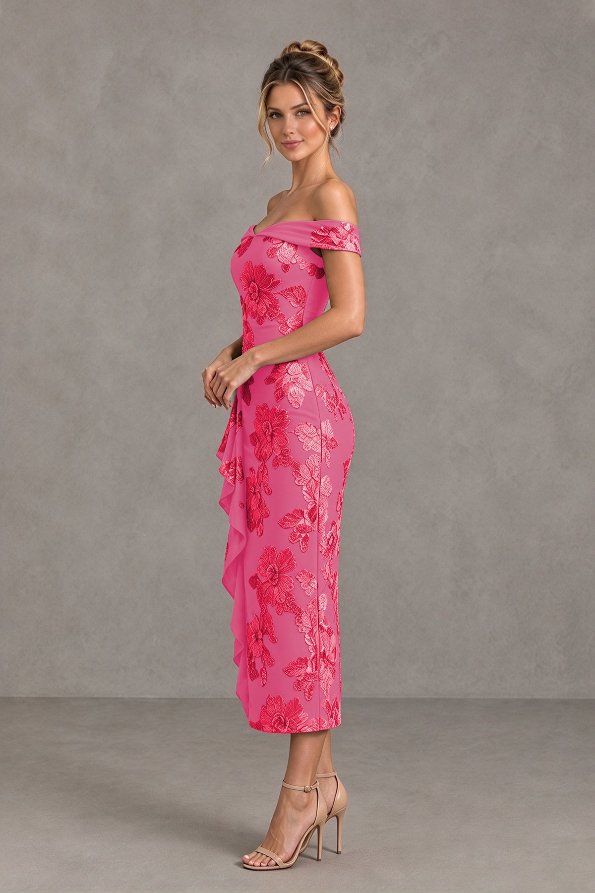 BOLODOO Hot Pink Off Shoulder Floral Jacquard Midi Dress - Hot Pink - Hot Pink(3)