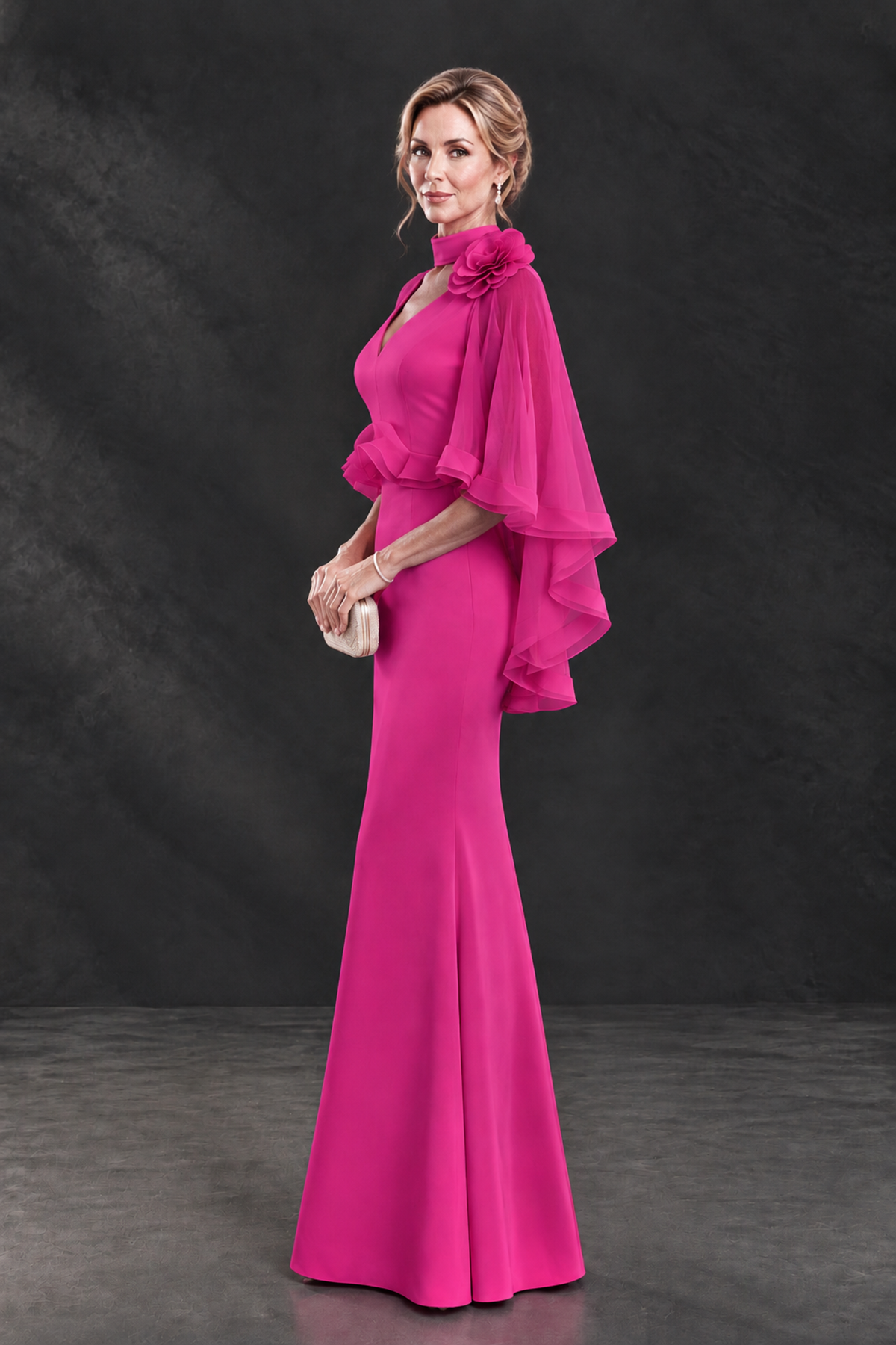BOLODOO Hot Pink Floral Cape Sleeve Mother of the Bride Dress - Hot Pink - Hot_Pink_3