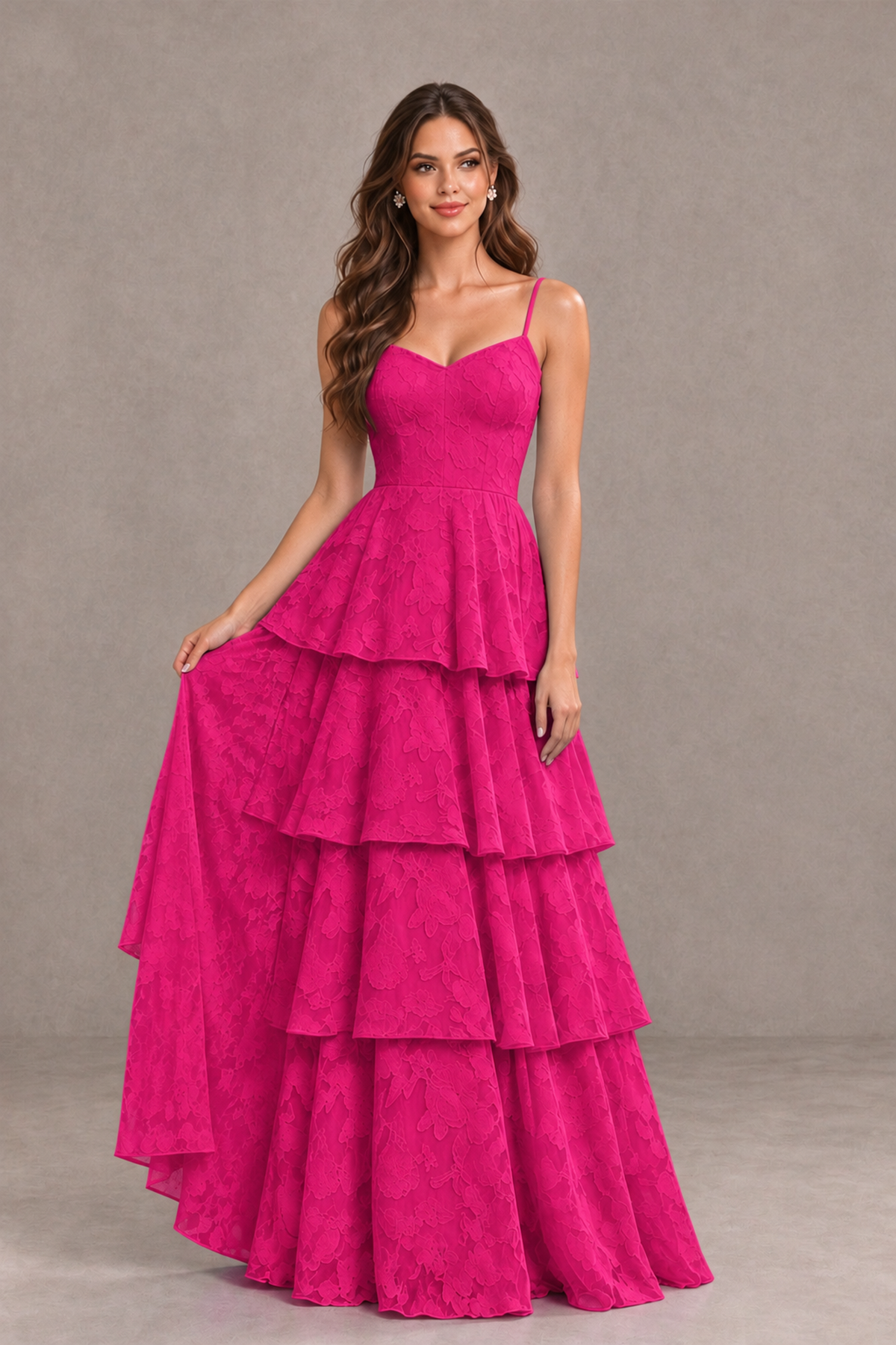 BOLODOO Hot Pink Tiered Floral-Textured Spaghetti Strap Maxi Dress - Hot Pink - Hot Pink_3