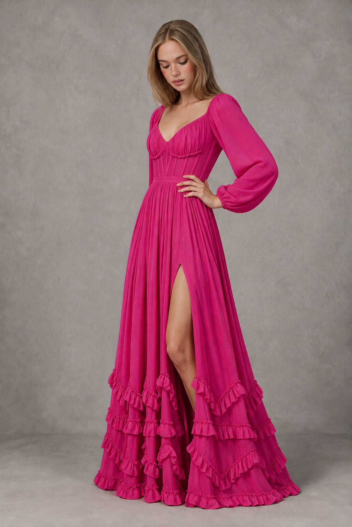 Hot Pink Long-Sleeve Ruffle Maxi Dress with Lace-Up Back and Slit - Hot Pink
