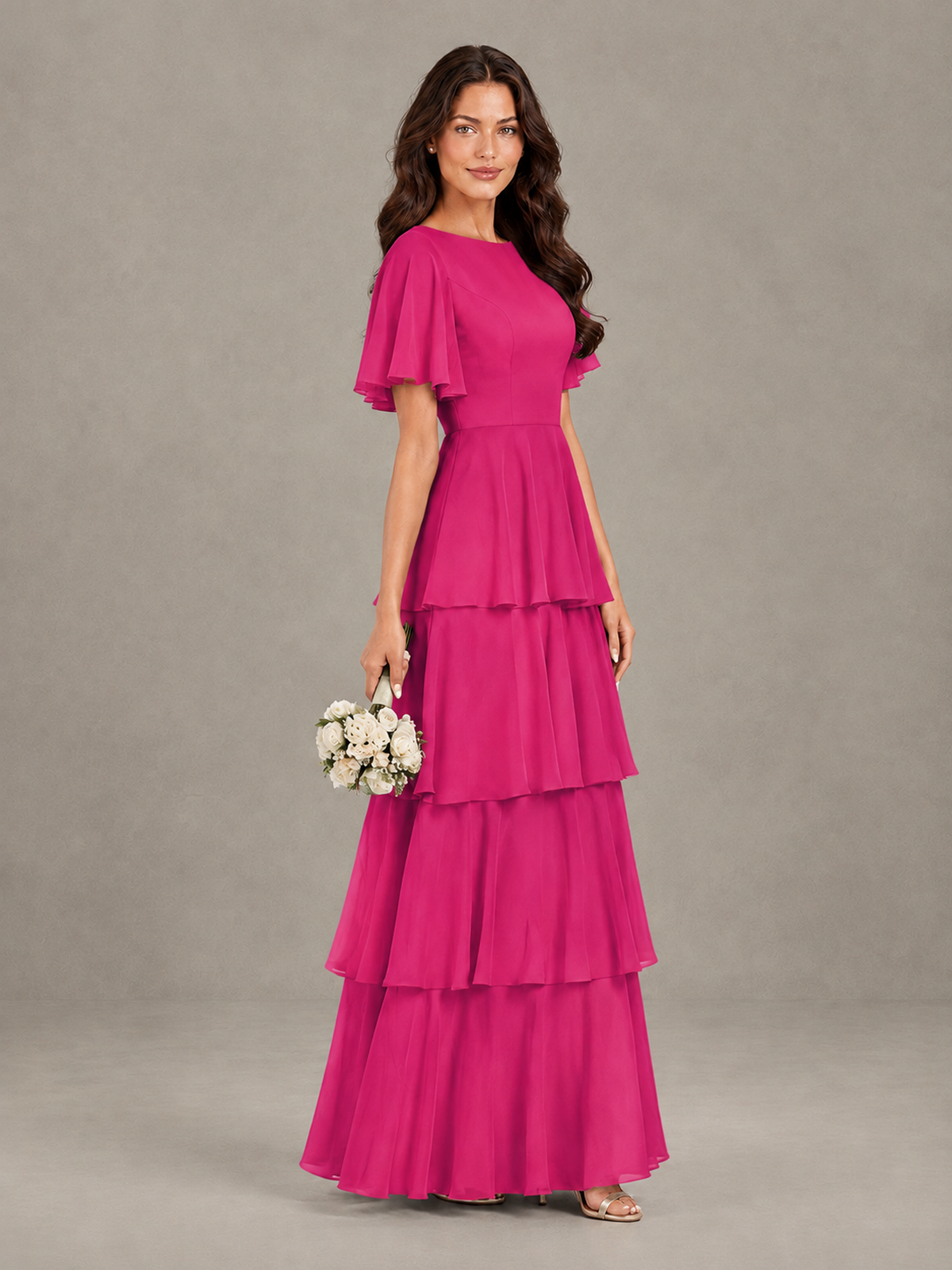 BOLODOO Hot Pink Tiered Flutter Sleeve Bridesmaid Dress - Hot Pink - Hot Pink_3