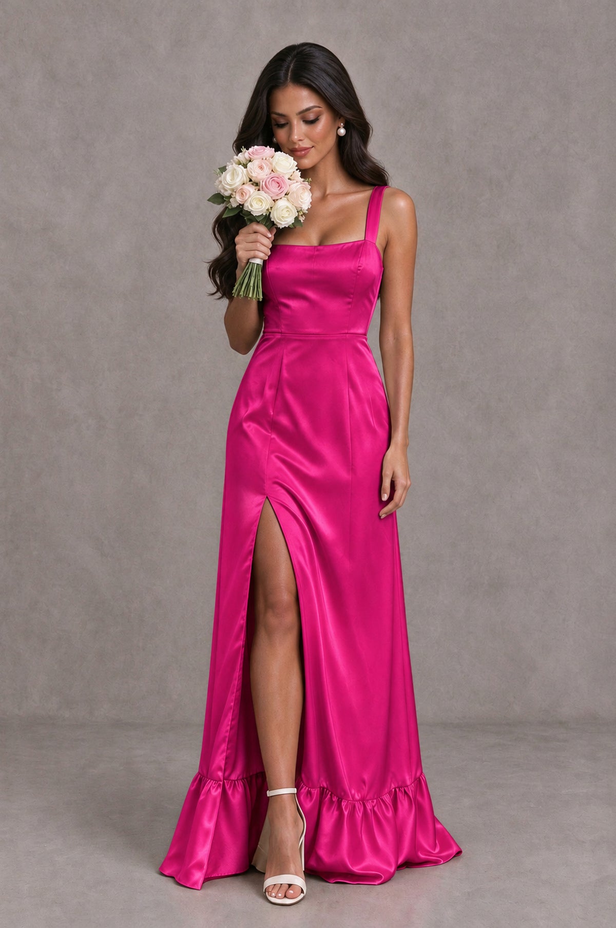BOLODOO Hot Pink Square Neck Satin Evening Dress with Lace-Up Back and High Slit - Hot Pink - Hot Pink_3