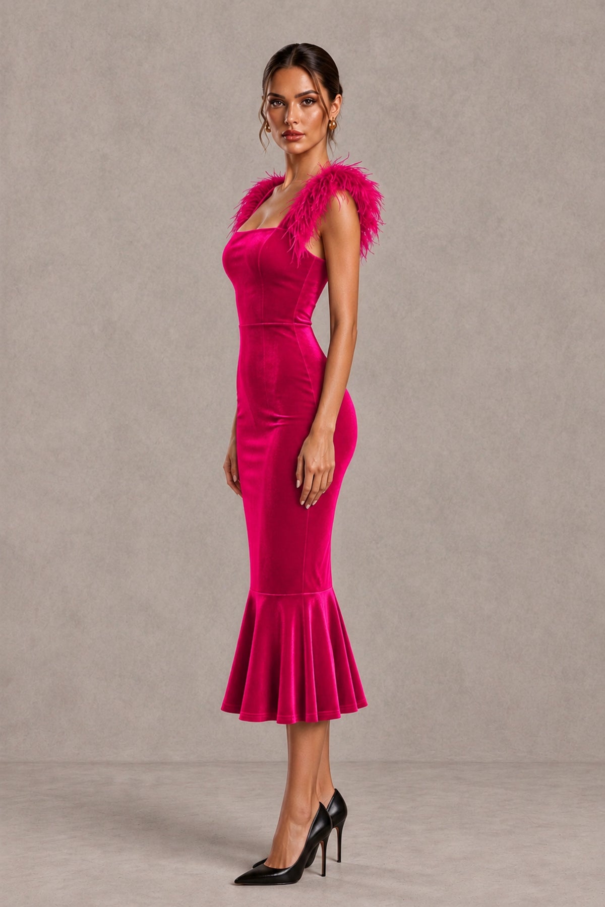 BOLODOO Hot Pink Feather-Trim Velvet-Look Mermaid Midi Dress - Hot Pink - Hot Pink_3