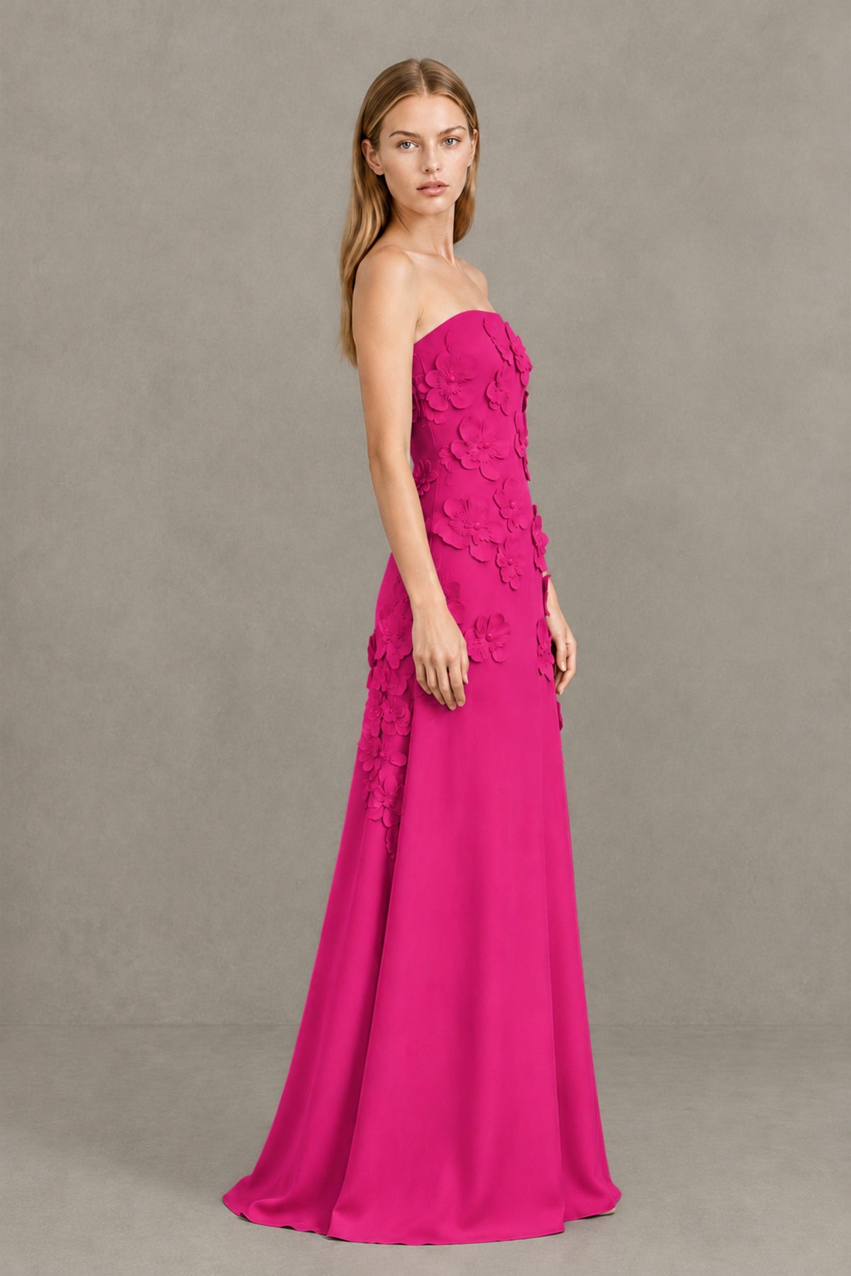 BOLODOO Hot Pink Strapless 3D Floral Appliqué Crepe Maxi Gown - Hot Pink - Hot_Pink_3
