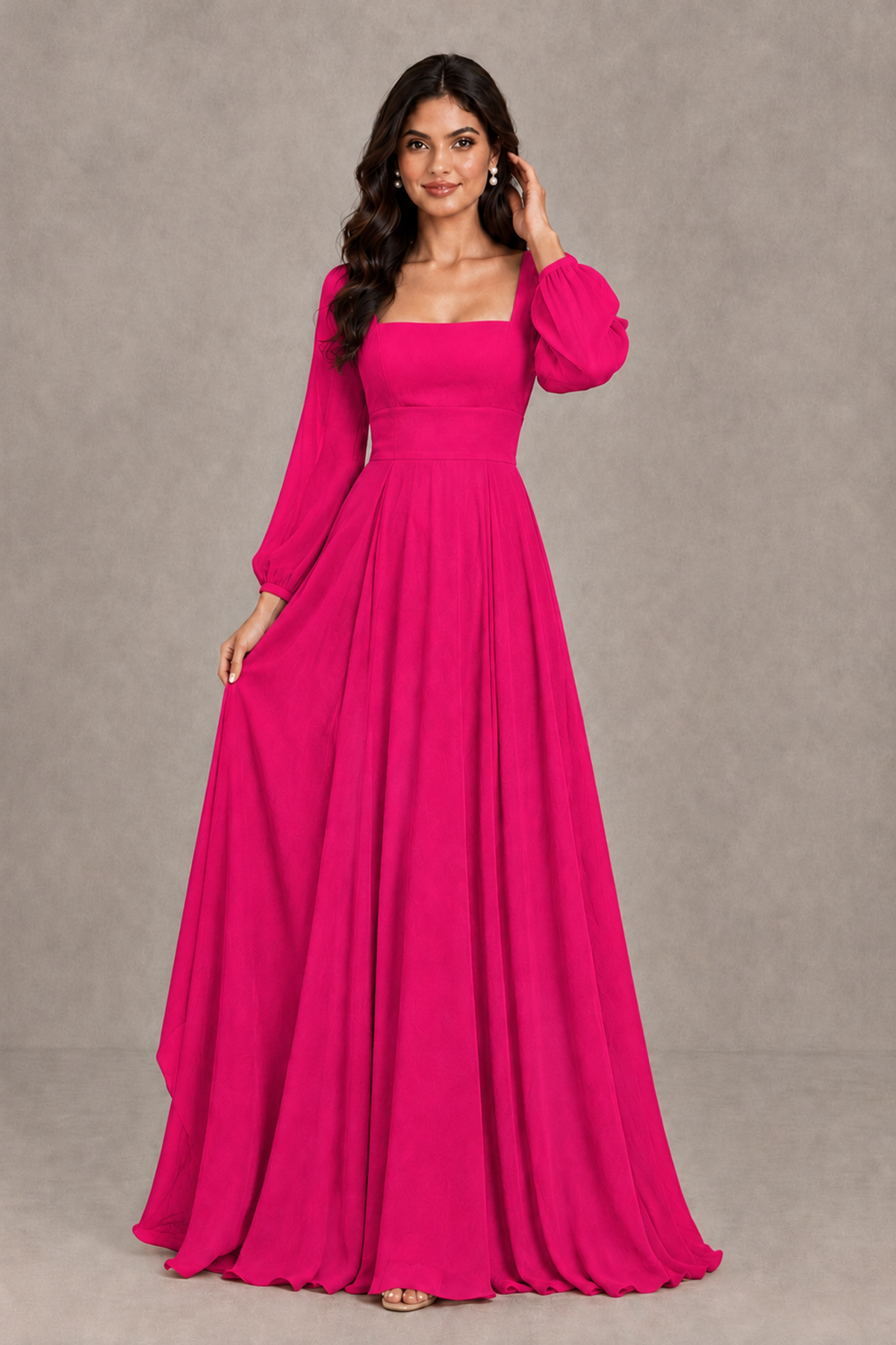 BOLODOO Hot Pink Square Neck Long Sleeve A-Line Bridesmaid Dress - Hot Pink - Hot Pink_3