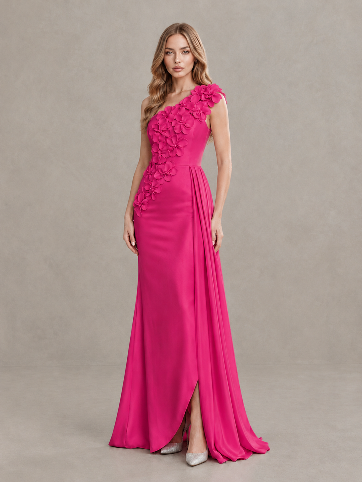 BOLODOO Hot Pink One-Shoulder Satin Mermaid Evening Gown with 3D Floral Appliqué - Hot Pink - Hot Pink_3