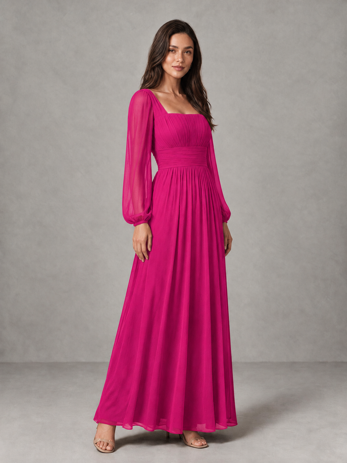 BOLODOO Hot Pink Square Neck Long Sleeve Chiffon Bridesmaid Dress - Hot Pink - Hot Pink_3