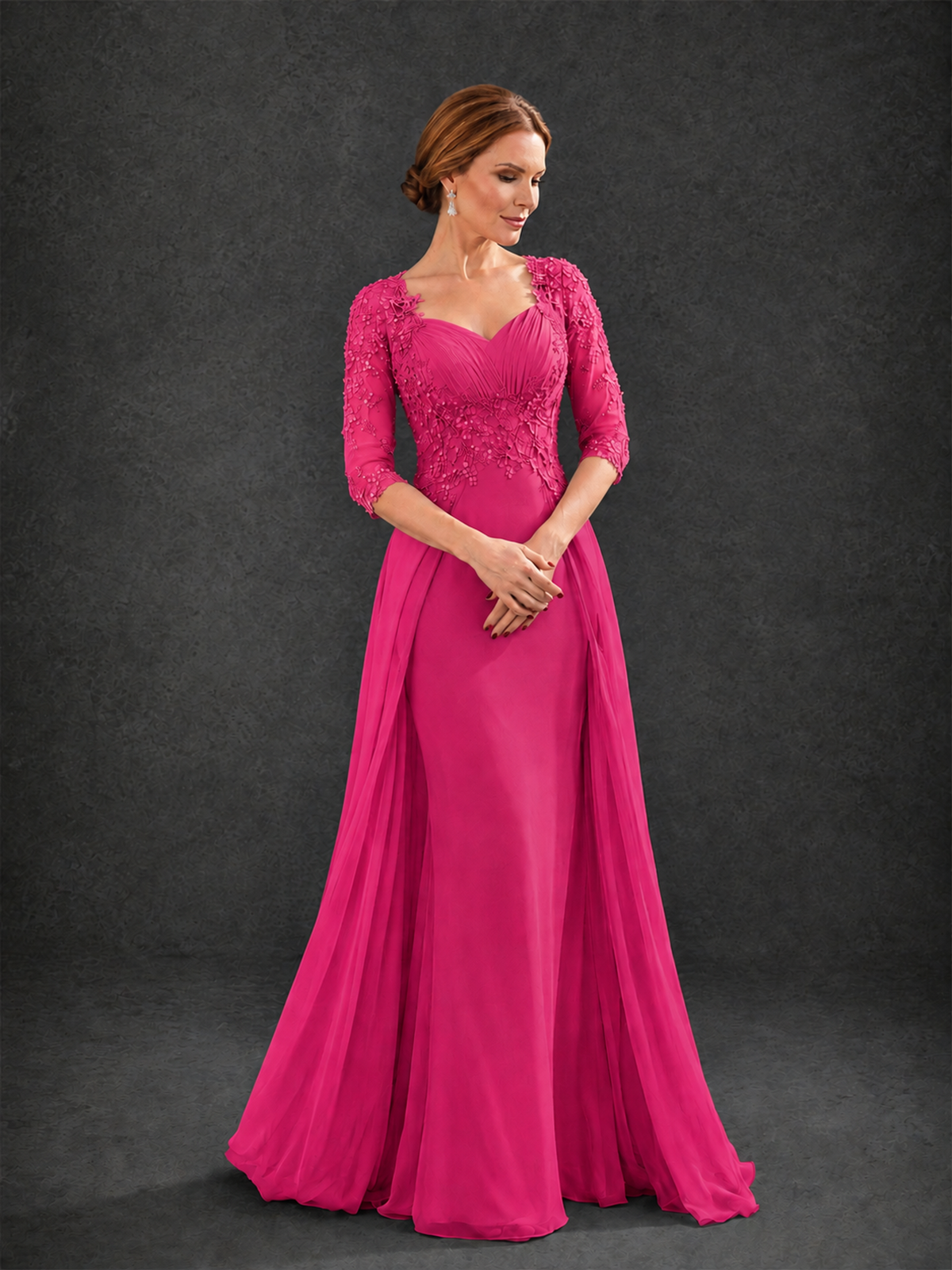 BOLODOO Hot Pink Sweetheart Neck 3/4 Sleeve Floral Lace Illusion Bodice Chiffon A-Line Gown - Hot Pink - Hot Pink_3