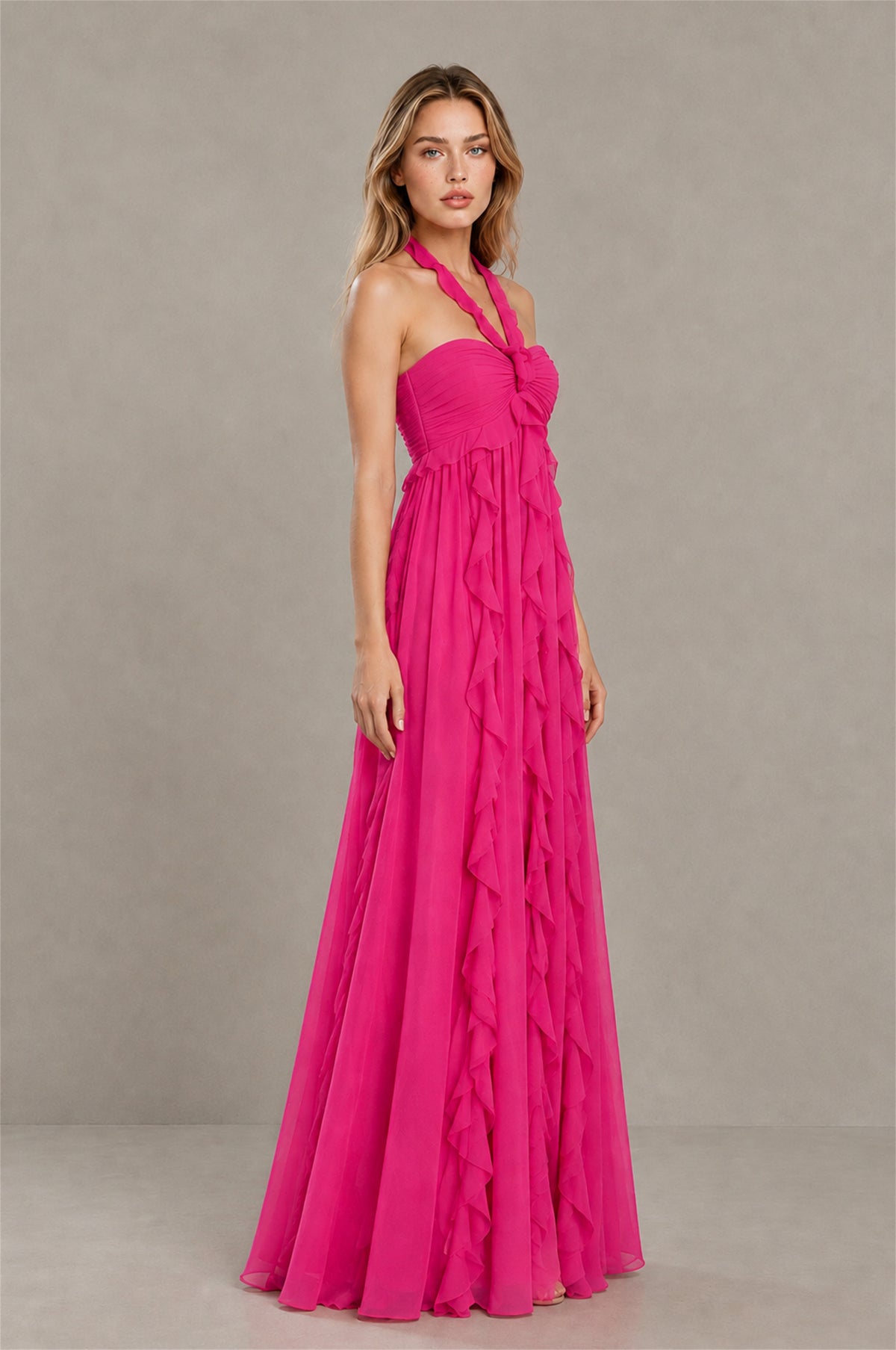 BOLODOO Hot Pink Halter Ruffle A-Line Floor-Length Evening Dress - Hot Pink - Hot_Pink_3