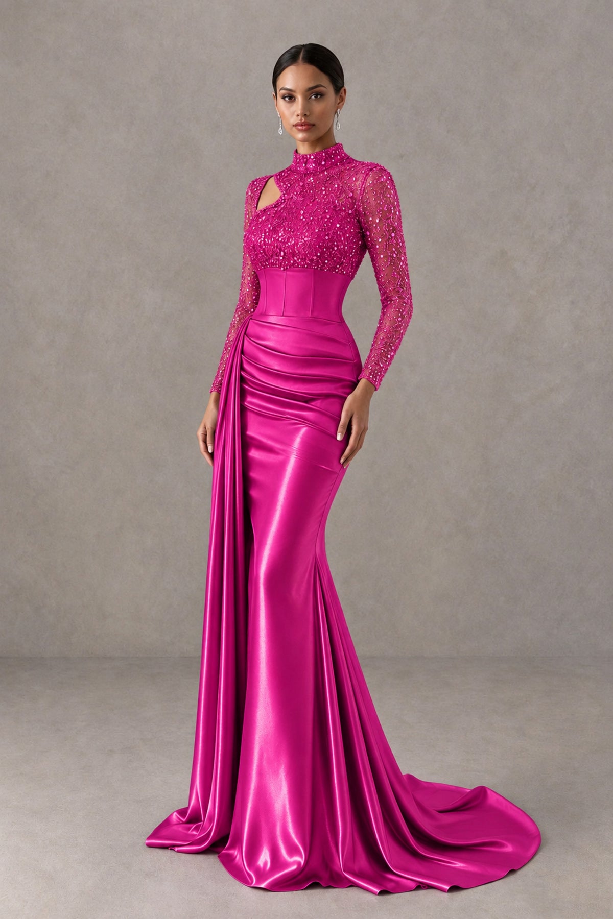 BOLODOO Hot Pink Long Sleeve Embellished Satin Mermaid Evening Gown - Hot Pink - Hot Pink_3