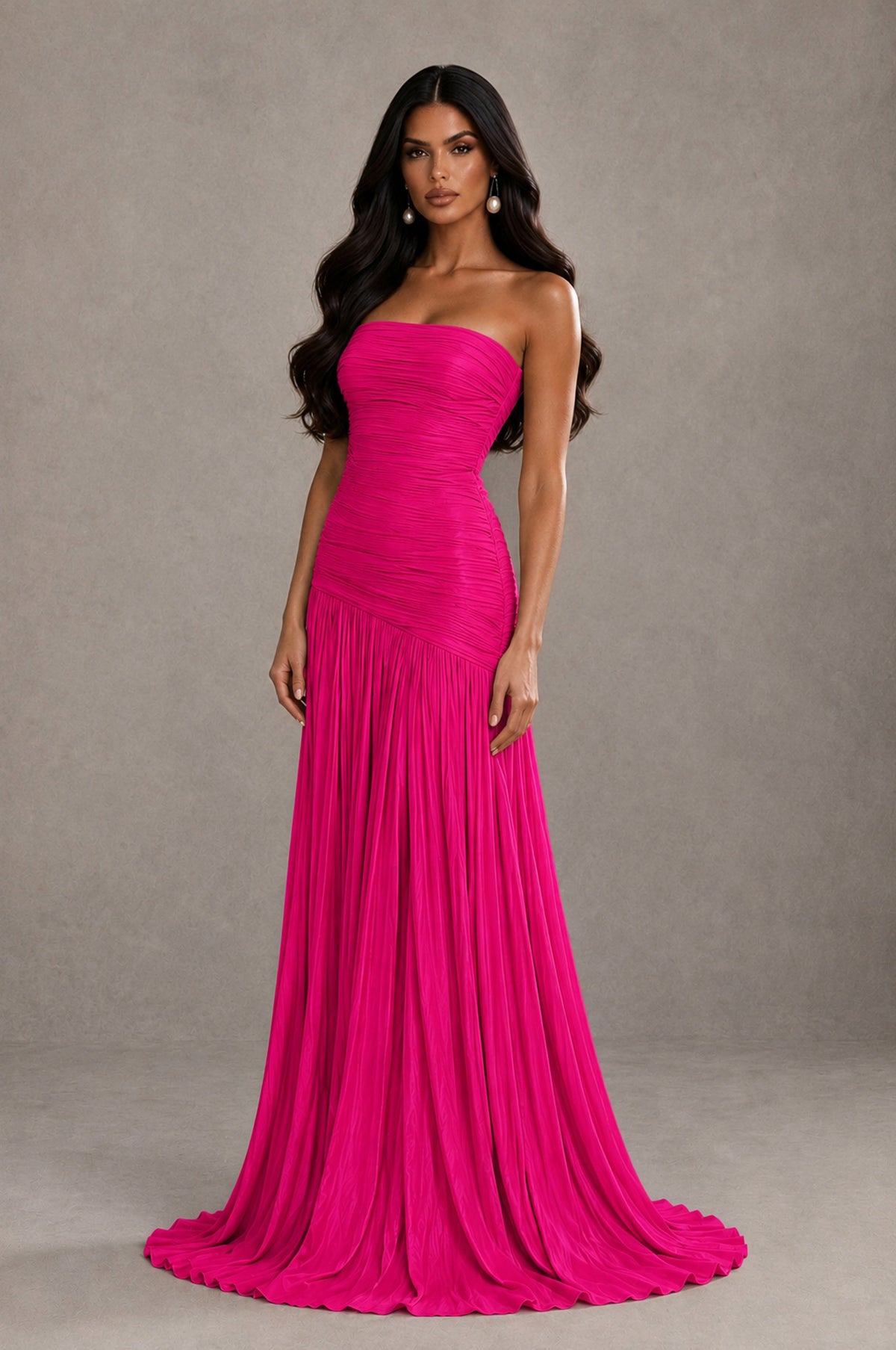 BOLODOO Hot Pink Metallic Ruched Strapless Pleated A-Line Backless Maxi Dress with Train - Hot Pink - Hot Pink_3