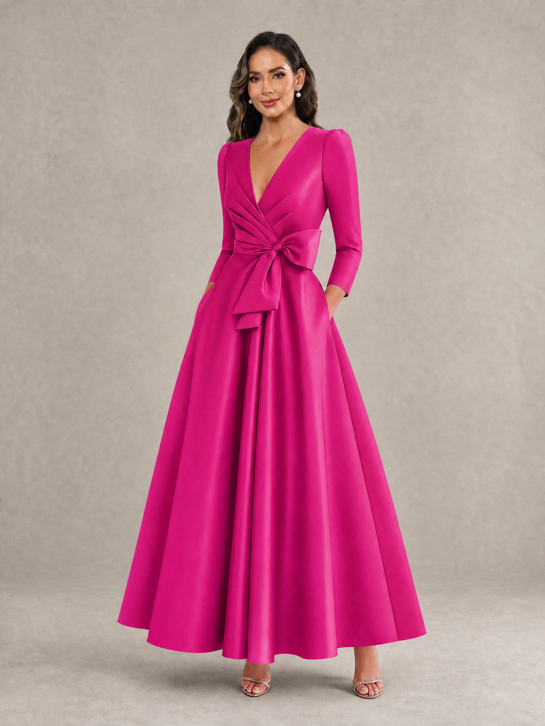 BOLODOO Hot Pink Satin Deep V-Neck Wrap 3/4 Puff Sleeve A-Line Ball Gown Maxi Dress with Oversized Bow Belt - Hot Pink