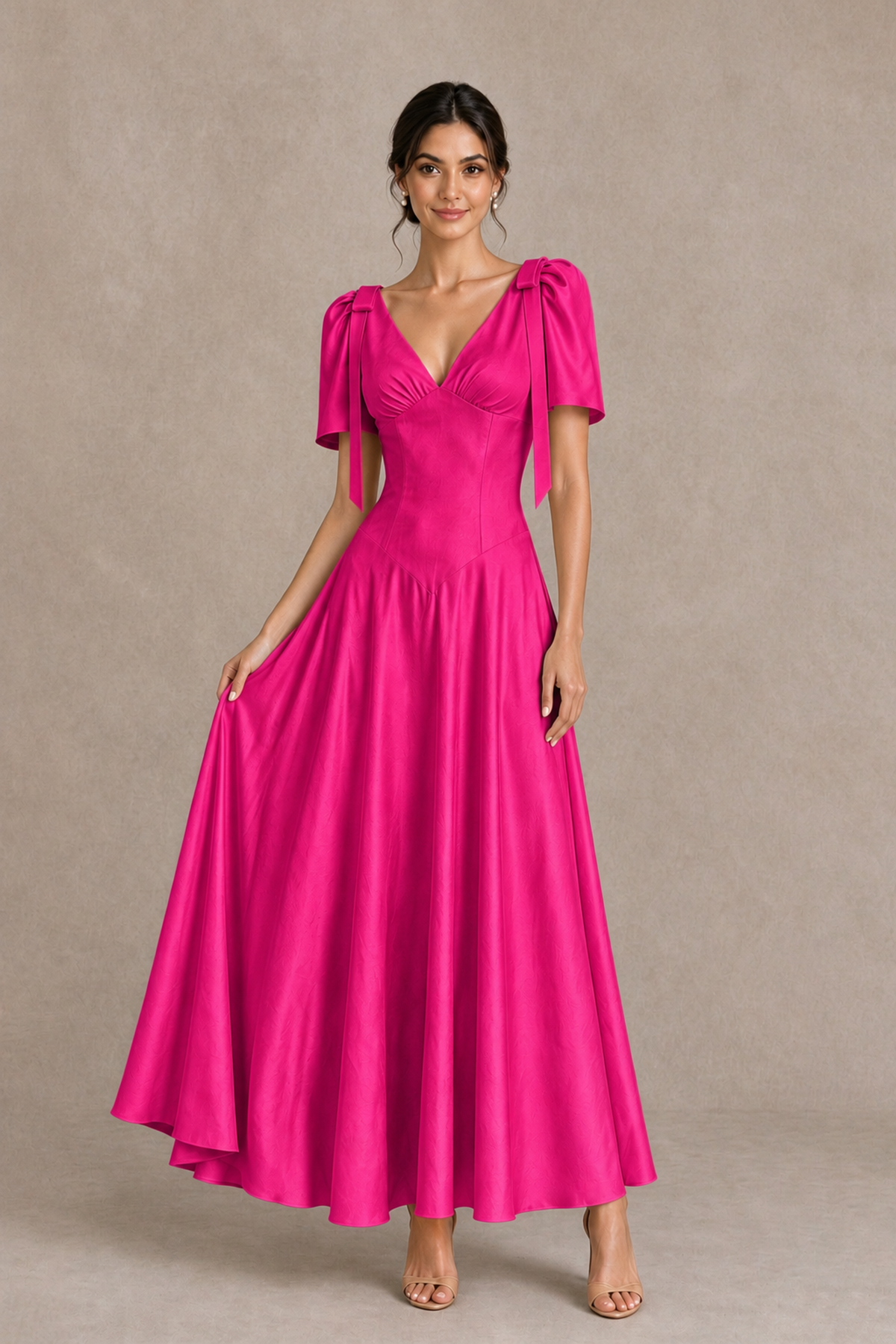 BOLODOO Hot Pink V-Neck Short Sleeve Satin-Look Bridesmaid Dress with Shoulder Bows - Hot Pink - Hot Pink_3