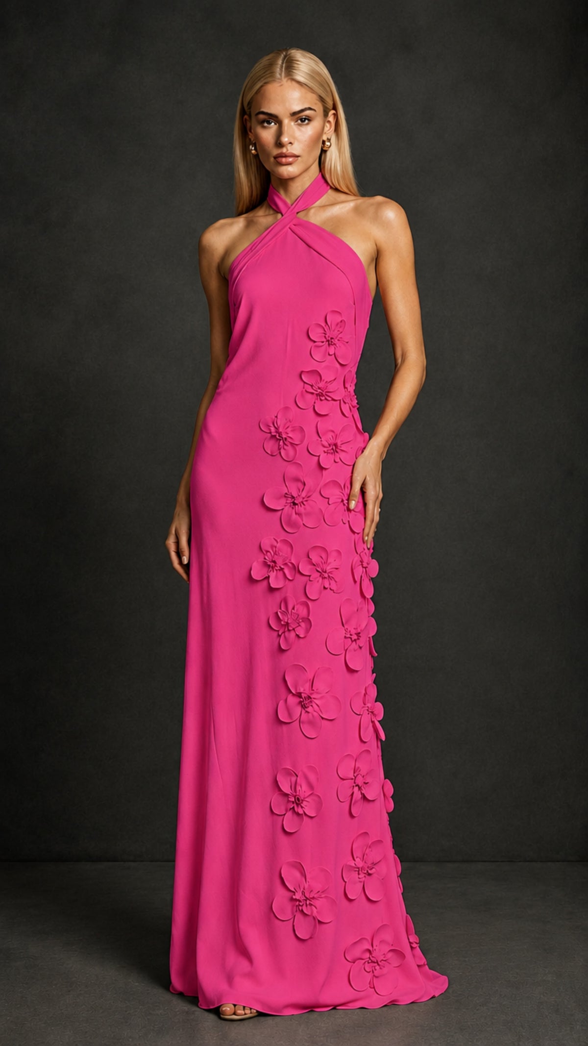 BOLODOO Hot Pink Cross Halter Neck 3D Floral Appliqué Backless Mermaid Maxi Gown - Hot Pink