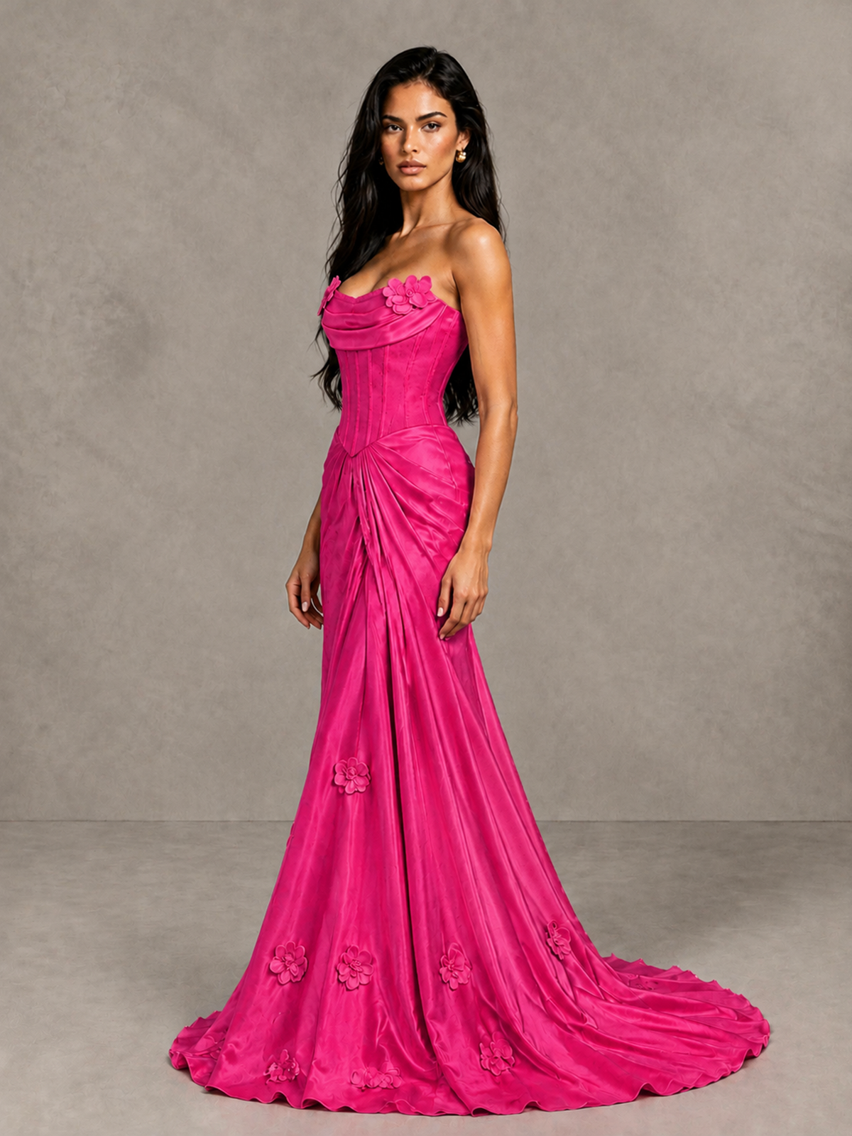 BOLODOO Hot Pink Strapless Floral Corset Evening Gown with Train - Hot Pink - Hot Pink_3